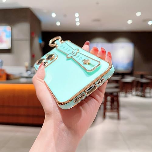 Miniatura 9 de IDweel Funda para iPhone 13 Pro Max con correa de pulsera ajustable, lazo atril, chapado de lujo de corazón, esquinas elevadas, a prueba de golpes,