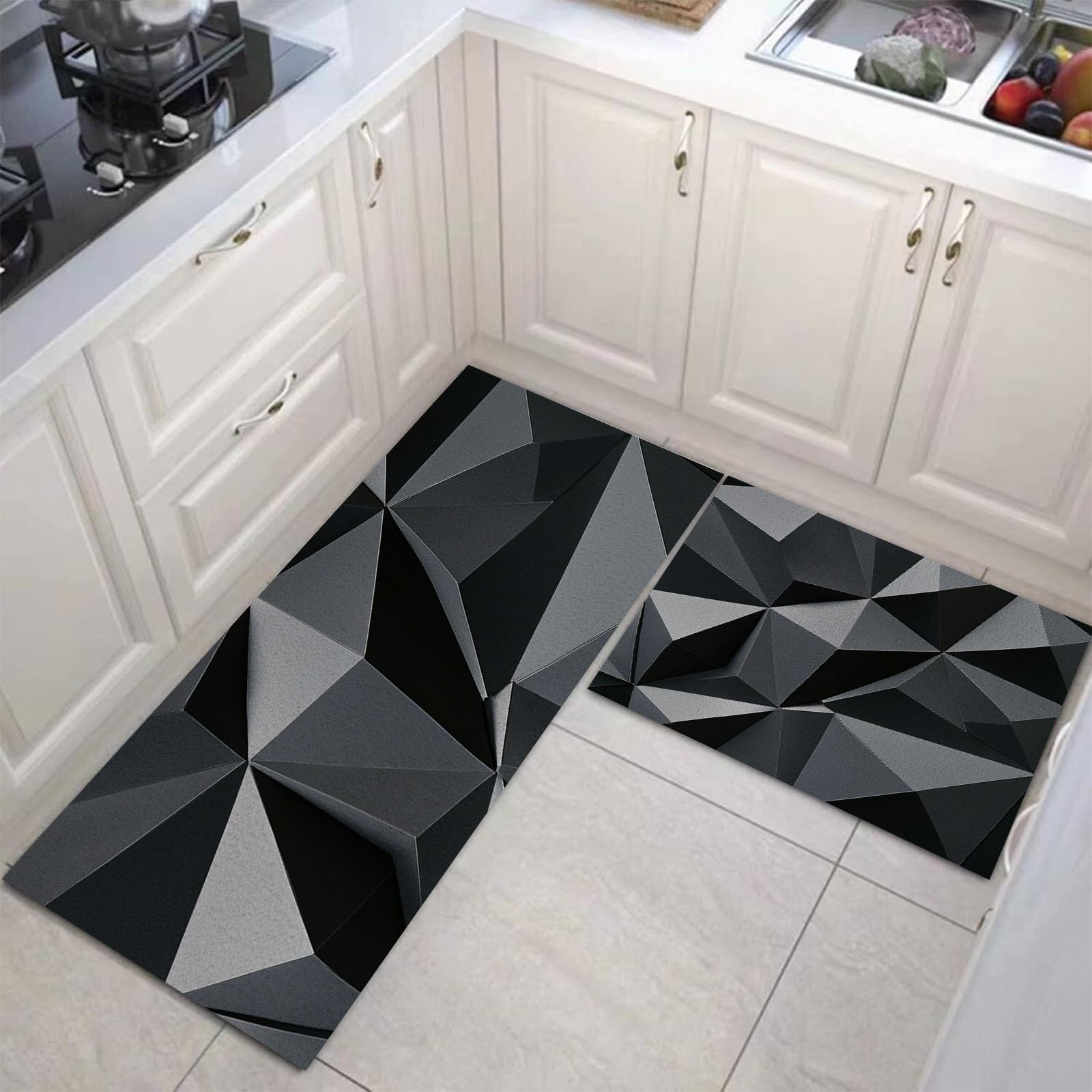 Alfombra de cocina lavable negra y gris con tratamiento resistente al aceite