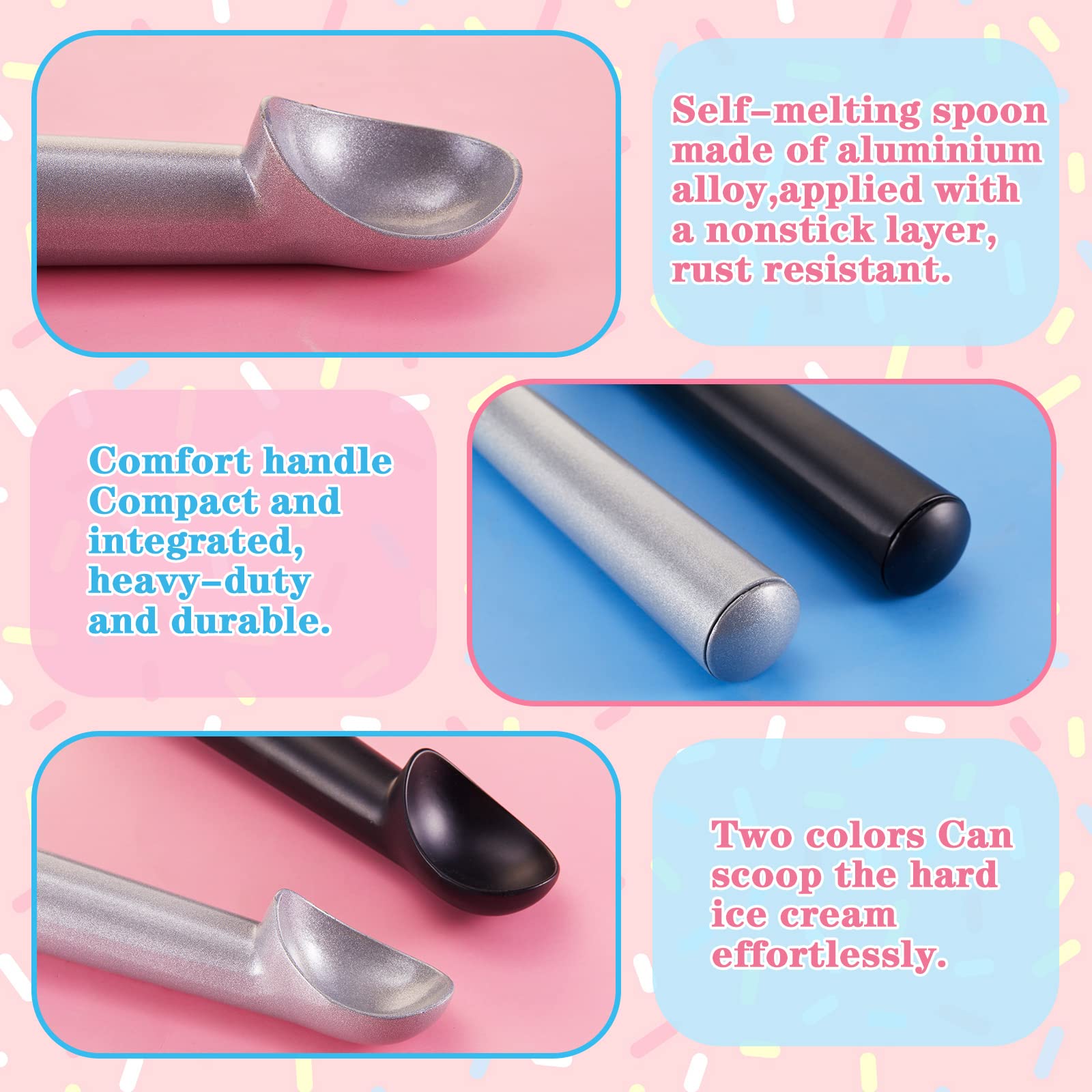 Gejoy Lot de 8 cuillères à crème glacée antiadhésives de 17,8 cm en aluminium pour gelatos, yaourt, fruits, sundaes, sorbet, amande, pâte à biscuits, noir et argenté