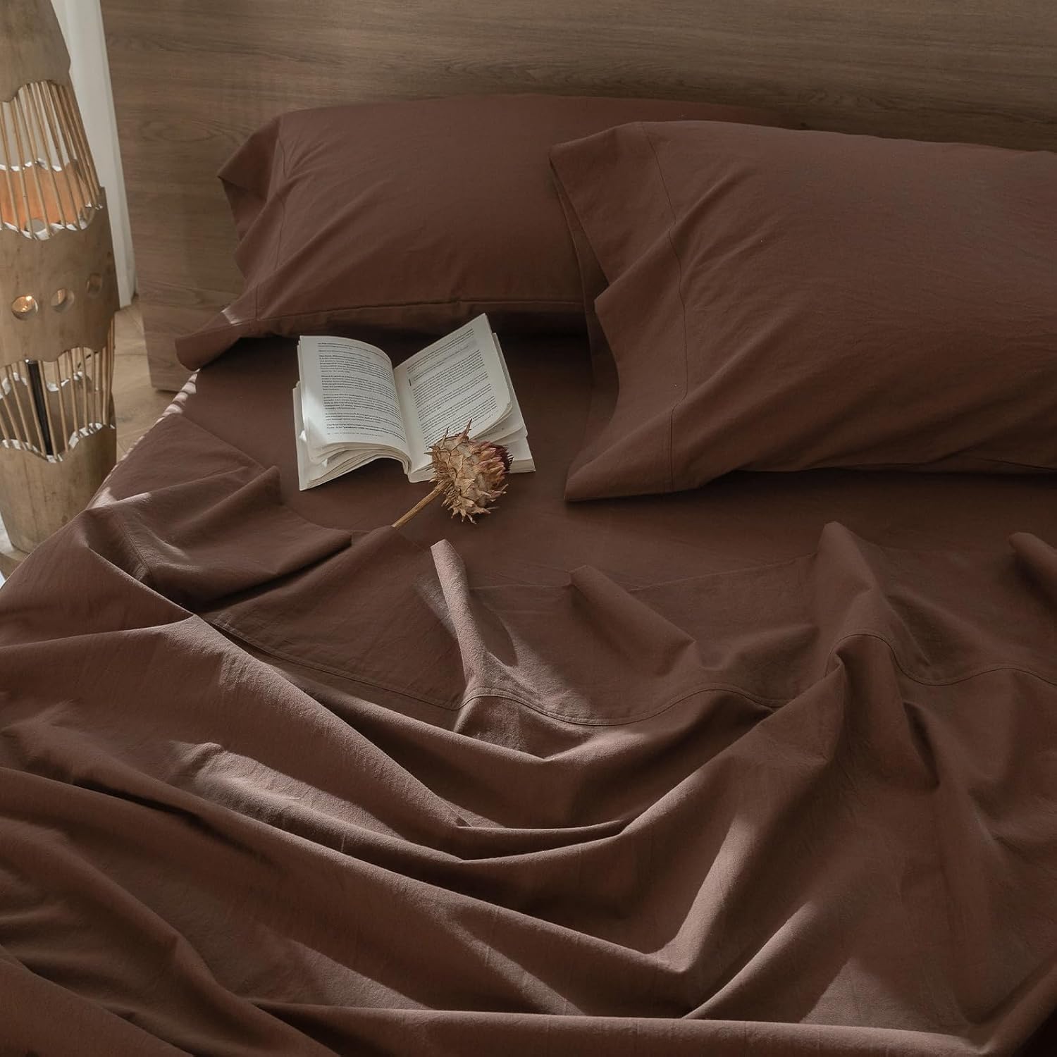 MOOMEE Flat Sheet Only 100% Washed Cotton Linen-Like King | Relaxed Linen-like Texture. Soft, Breathable & Long-lasting Comfort. Lightweight. Elegant Topstitching for a Tailored Look