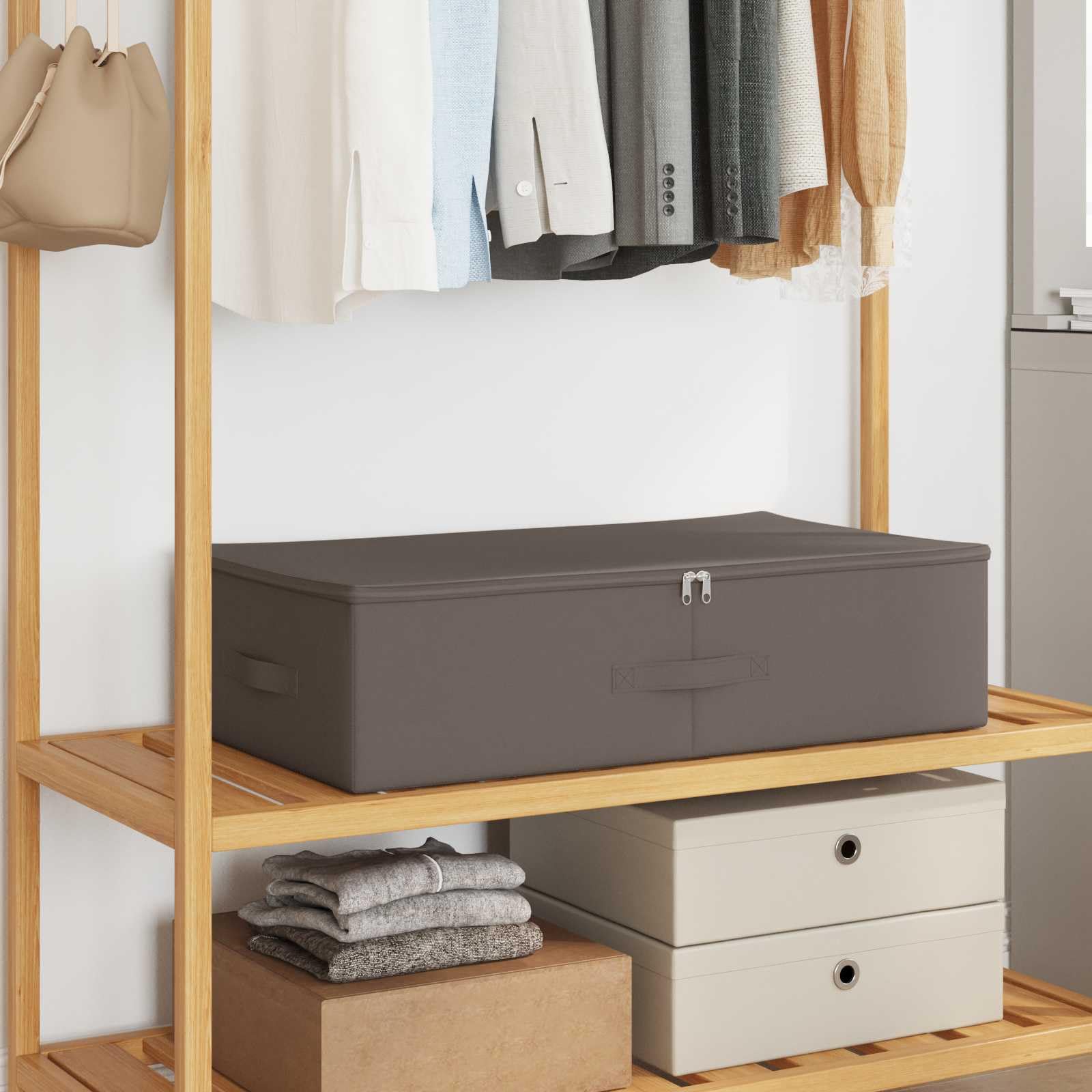 Caja de almacenamiento de 6 piezas gris de tela no tejida plegable con 2 compartimentos, 50 x 30 x 25 cm, caja de almacenamiento transpirable para ropa y juguetes en el dormitorio