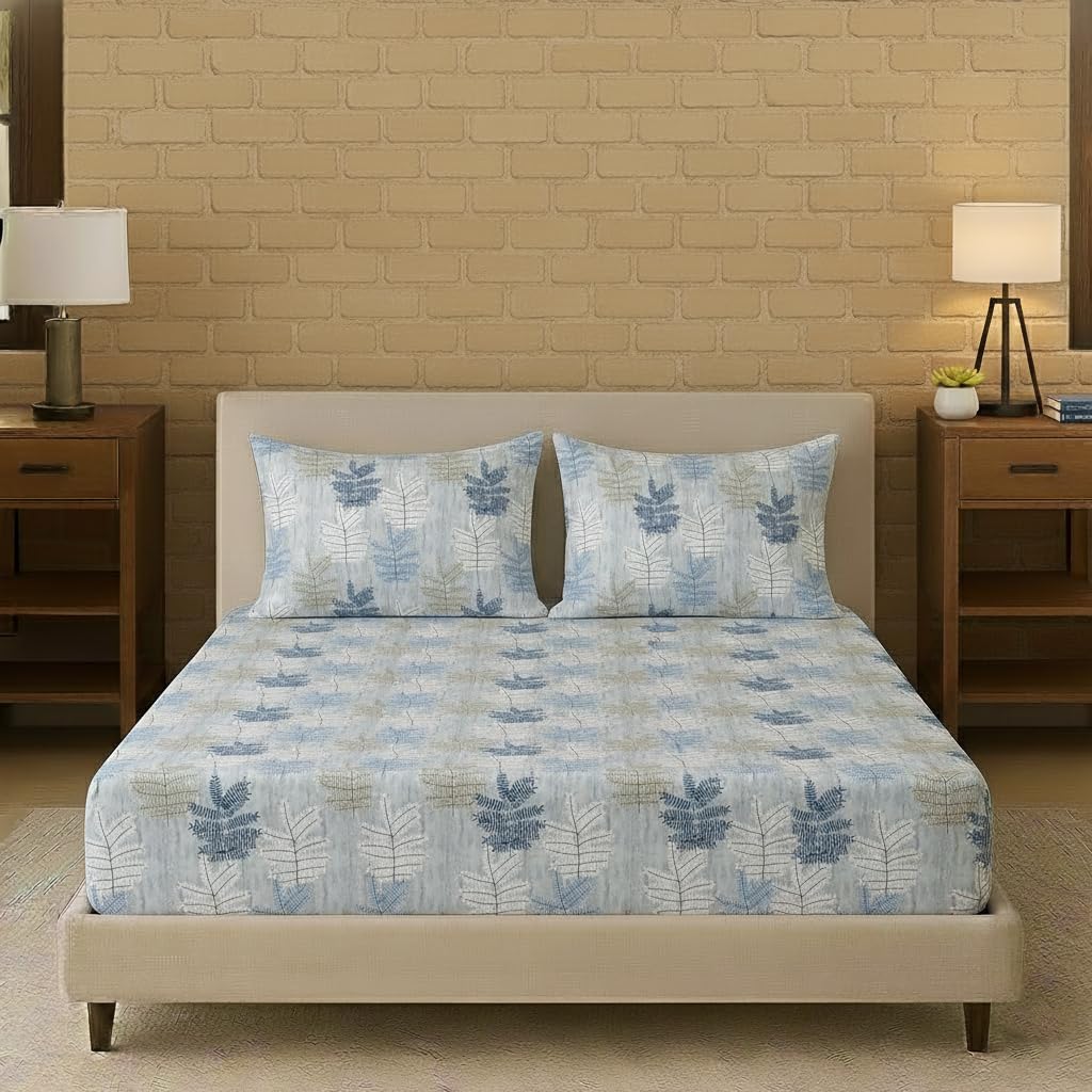 Trance Home Linen 100% Cotton 75"X60" Double Bed Size Elastic Fitted Bedsheet | Printed Double Size Bed Elasticated Fitted Bedspread With 2 Pillow Covers (75X60 Inch, Ferns Blue), 180 tc-picture-14