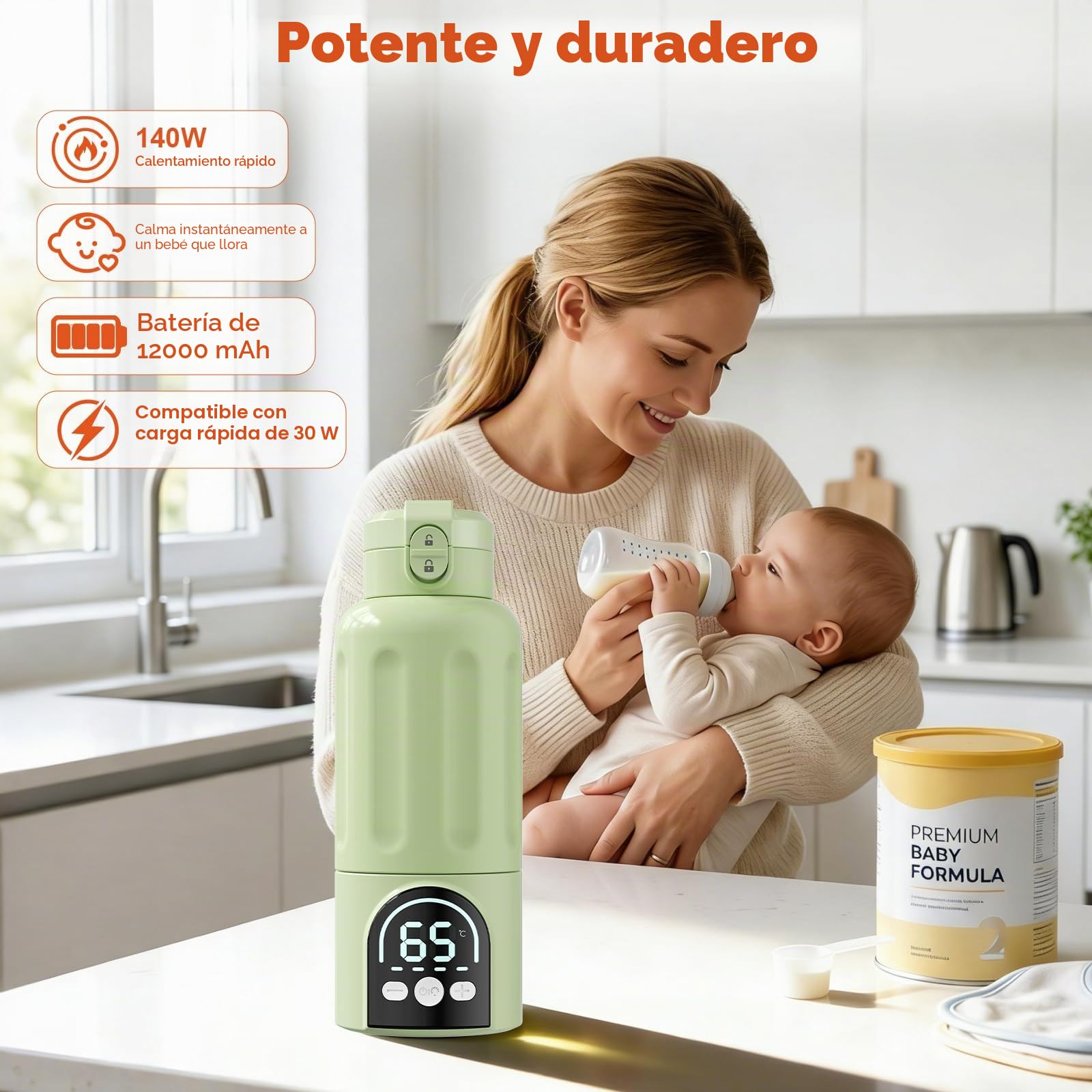 Calienta biberones portátil, 500 ml, calentamiento rápido 140 W para leche materna y agua, calentador de biberones portátil con regulación precisa 35–70 °C, batería 12000mAh