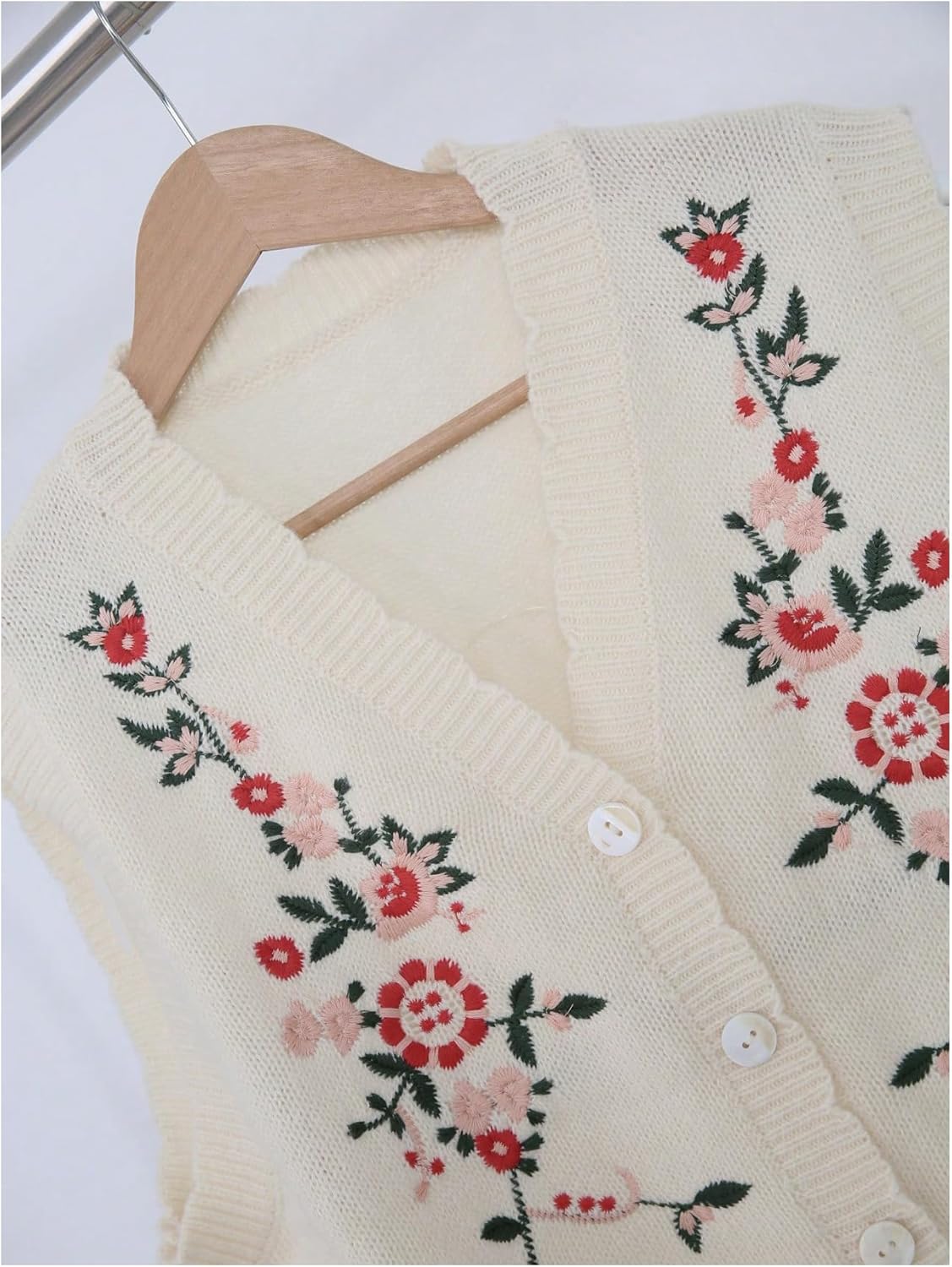 SHENHE Women's Floral Embroidered Sweater Vest V Neck Button Up Vintage Knit Vest Cardigan