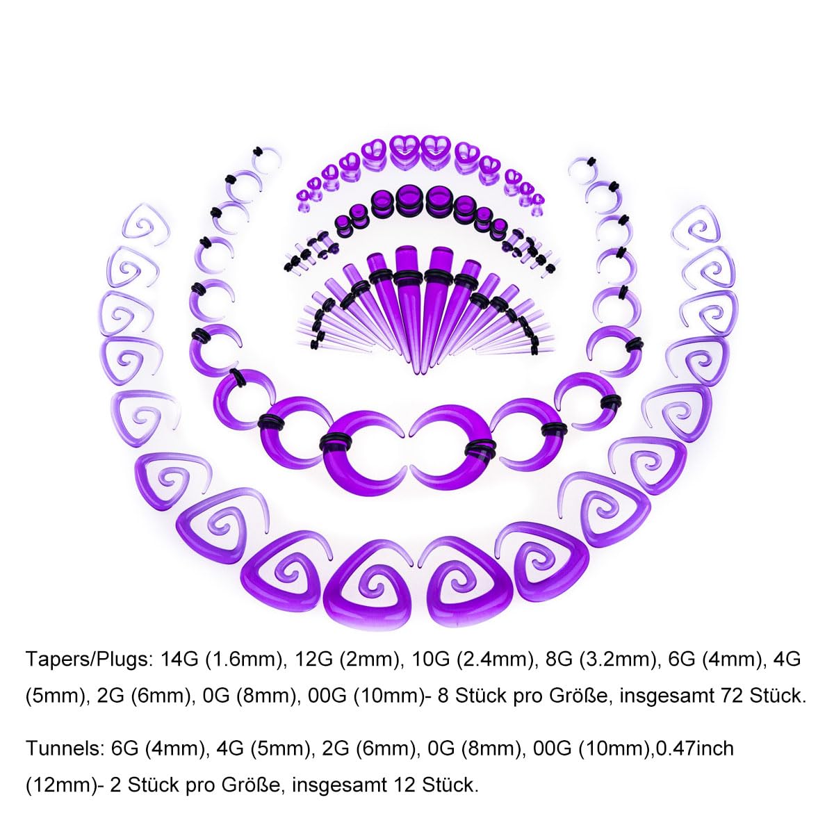 vogem Juego de 54/84 dilatadores de oreja, 1-10 mm/14G-00G, juego de dilatadores acrílicos, forma de cuerno, de buey, acrílico, espiral, para el cuerpo, joyas para mujeres y hombres, 1-10mm, Acrílico