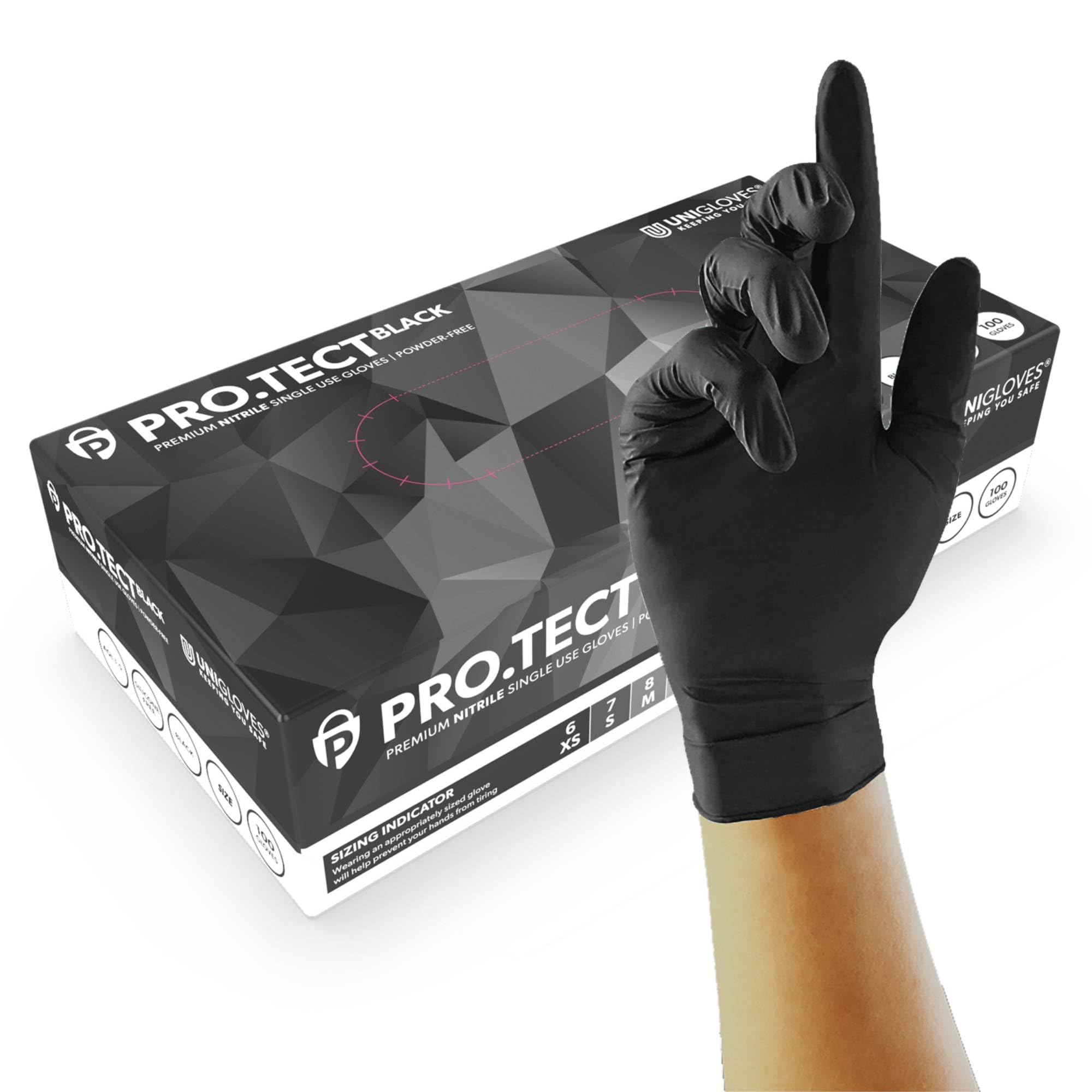 Unigloves PRO.TECT Black GA0043 Nitrile Single Use - Multipurpose, Powder Free Disposable Gloves, Box of 100 Gloves, Black, Medium