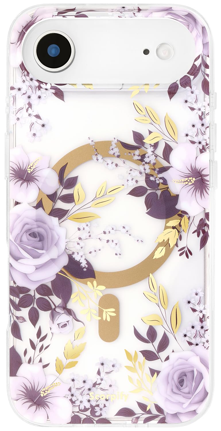 SCORPIFY for iPhone 17 Air Case [Compatible with MagSafe] with Purple Hibiscus and Rose Floral Design, Cute Clear Flower Magnetic Phone Cover for Women Girls, Shockproof Bumper with Gold Accents