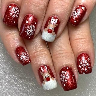 Christmas Press on Nails Medium Square Red Fake Nails with Wapiti Designs Cute Winter Glue on Nails for Women Girls DIY Festival Finger Manicure Tips Decorations - 24Pcs