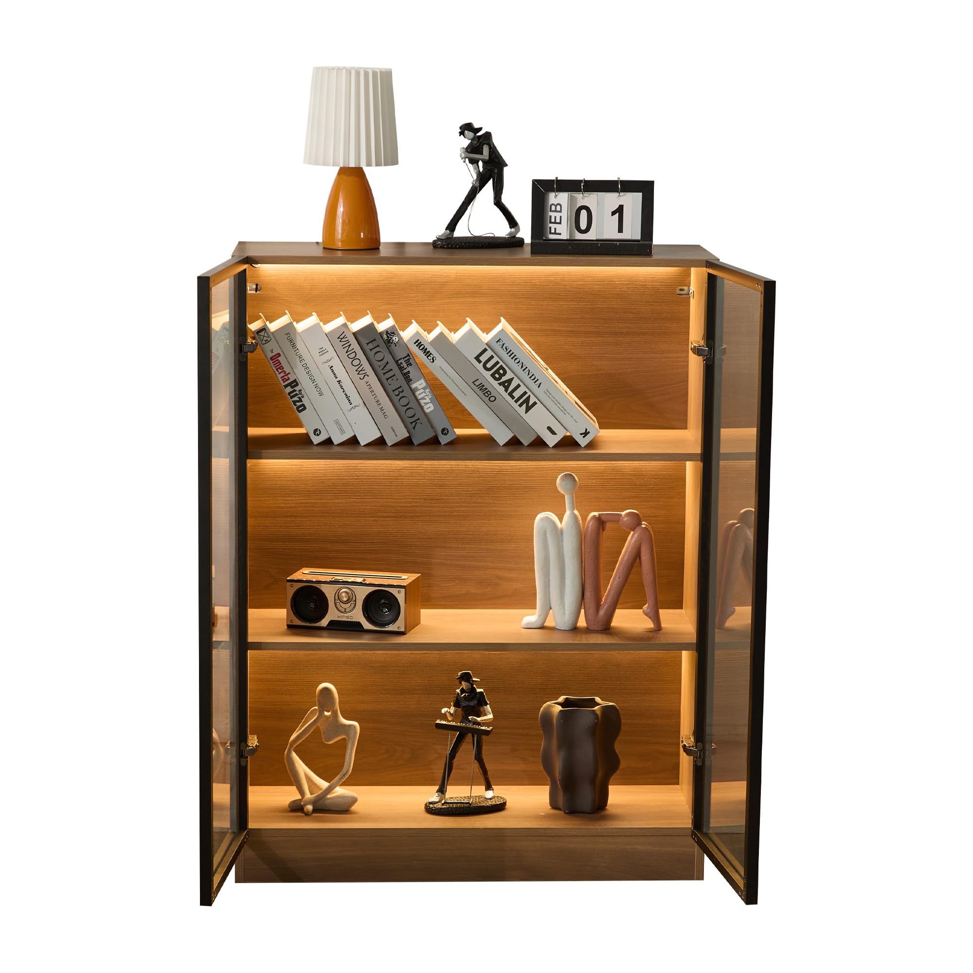 REXO Vitrina de cristal de 32 × 106 × 80 cm con iluminación y estantes de 3 niveles, armario multifunción de cristal de madera de nogal natural, ideal como vitrina de coleccionista.