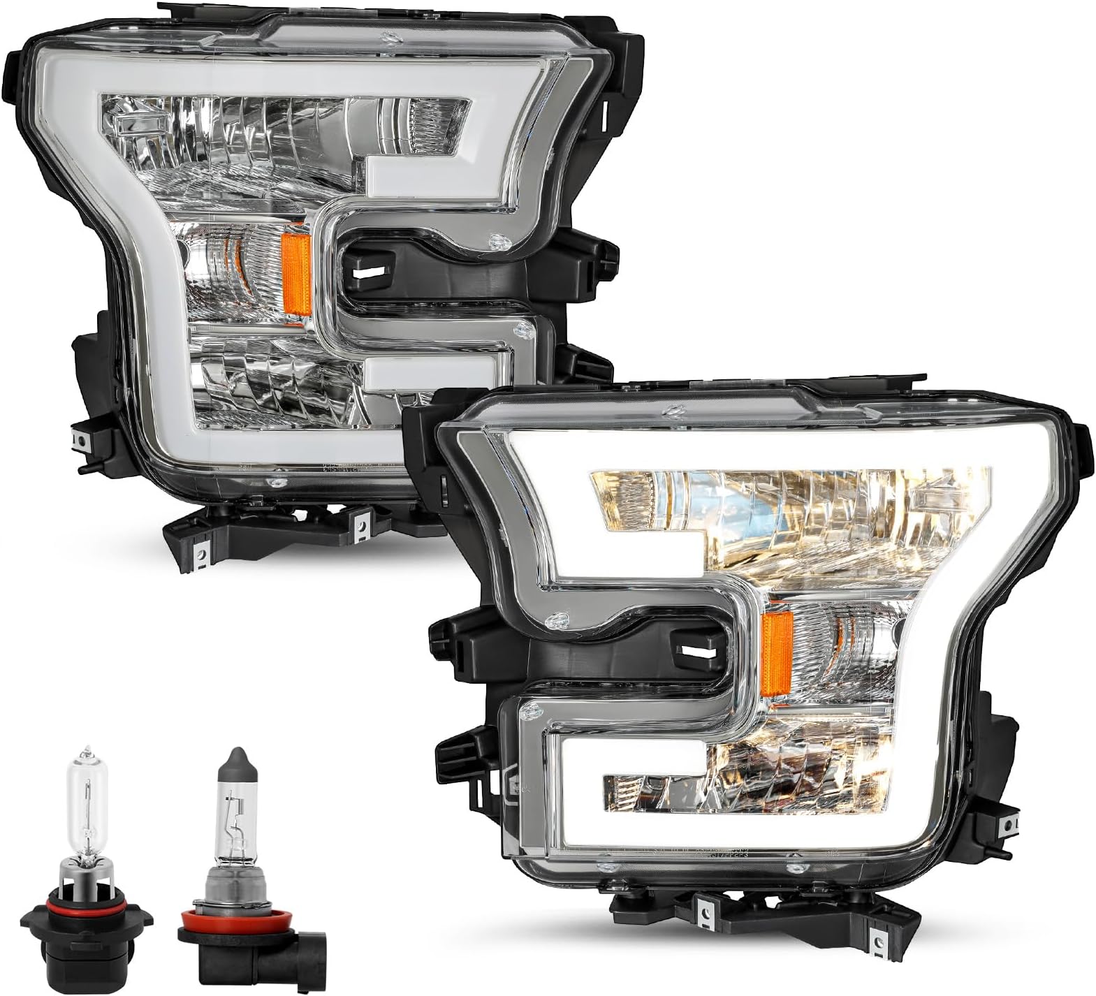 JSBOYAT LED DRL Headlight Assembly Replacement Bulbs Included for 2015 to 2017 Ford F150 Headlamp (Chrome Housing Amber Reflector)