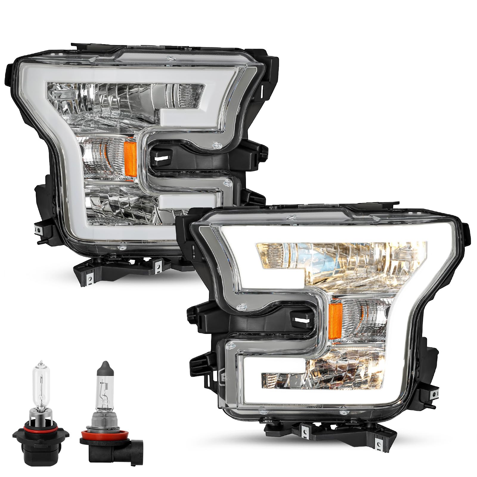 JSBOYAT LED DRL Headlight Assembly Replacement Bulbs Included for 2015 to 2017 Ford F150 Headlamp (Chrome Housing Amber Reflector)