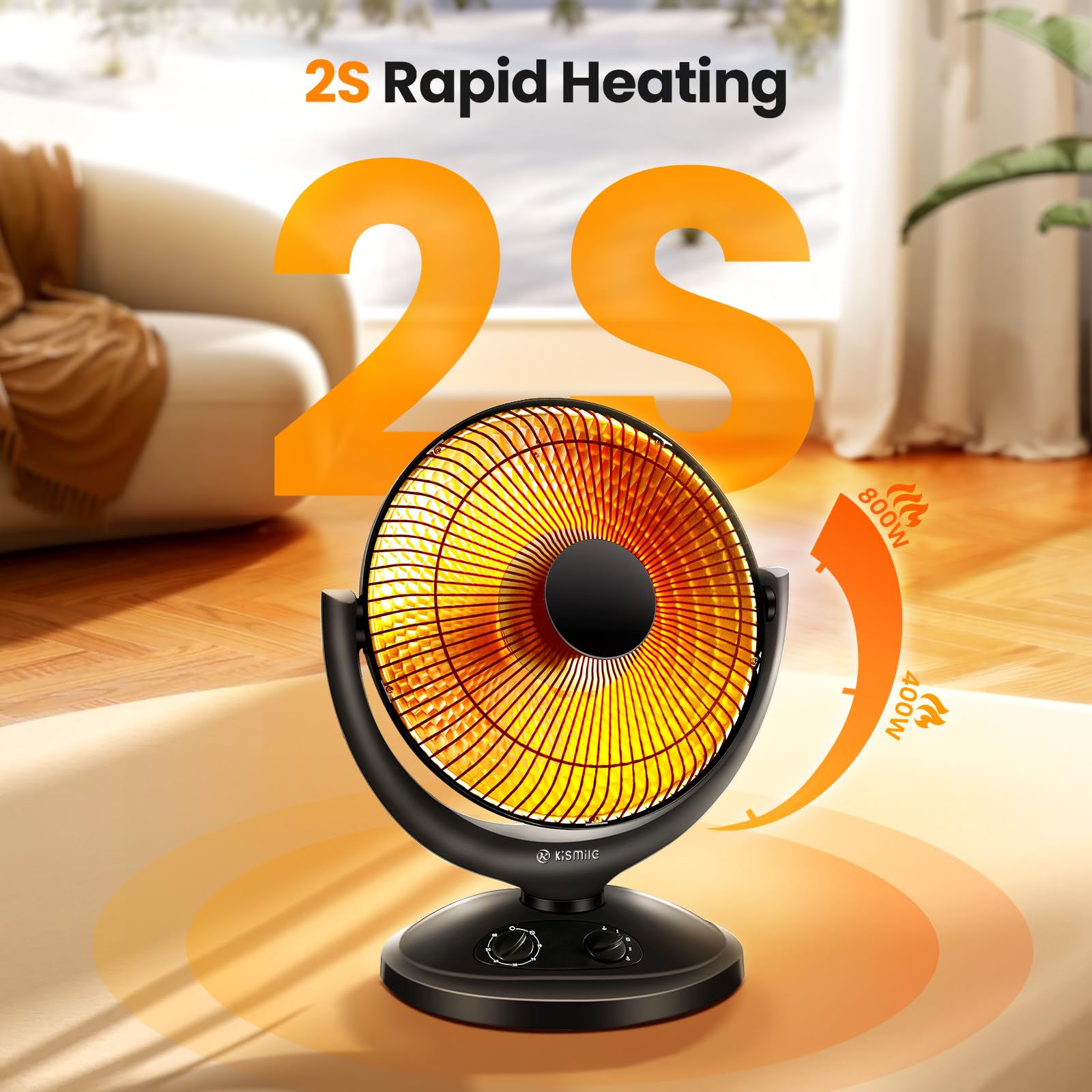 Kismile Oscillating Parabolic Space Heater with Thermostat and Timer, Radiant Dish Heater with Tip-Over and Overheating Protection For Indoor Use, 800w