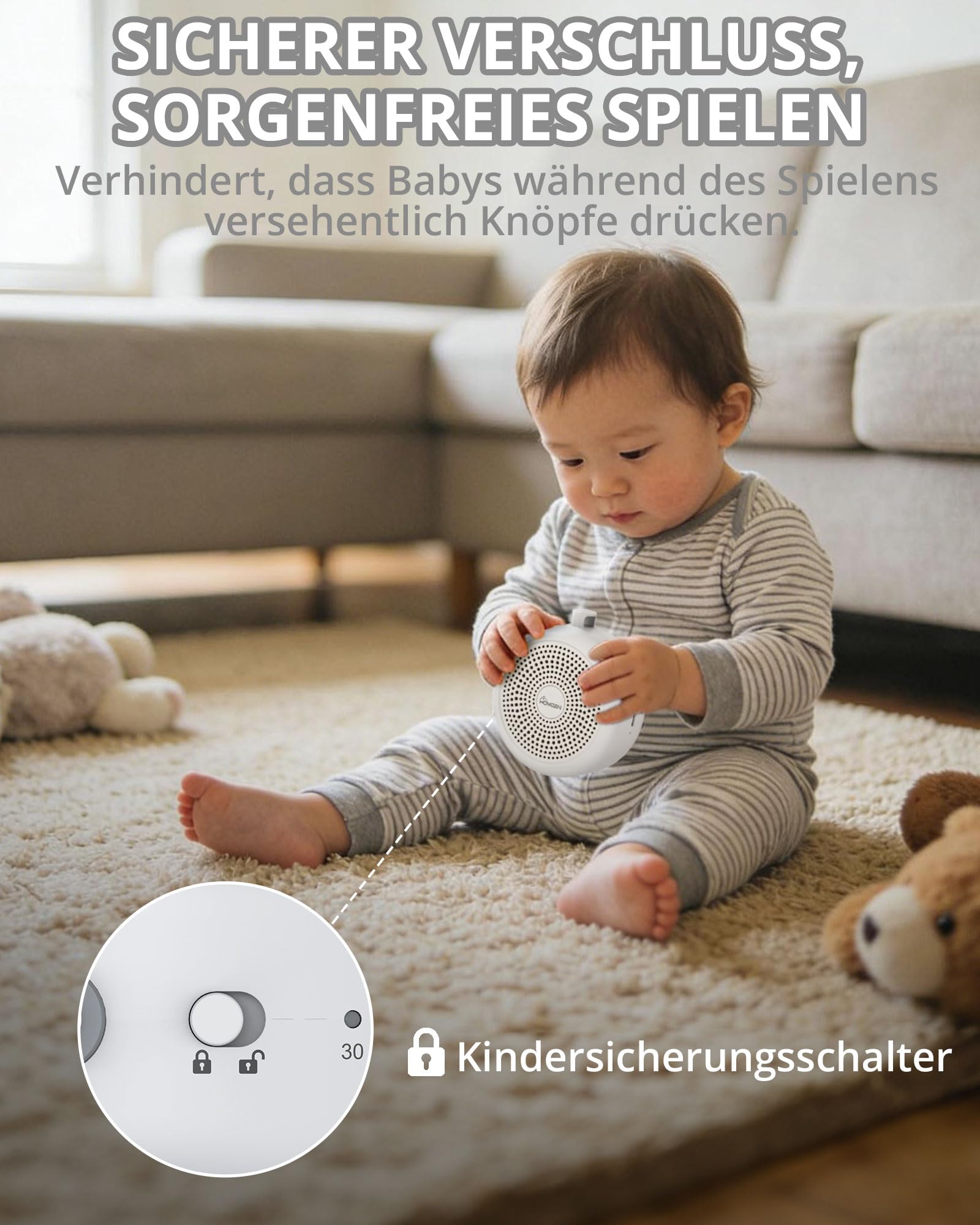HOMGEN White Noise Machine Baby Einschlafhilfe für Babys & Erwachsene | Tragbare weißes Rauschen, 29 Beruhigende Klänge, 3 Timer-Einstellungen, Langlebige Leistung, Befestigung am Kinderwagen Bett