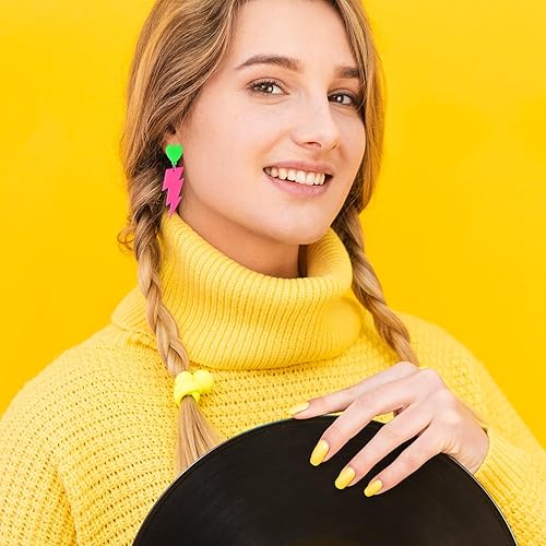 Miniatura 5 de Hot Pink 80s Earrings for Retro Party - Neon Lightning Bolt Heart Earrings for 90s 80s Halloween Costume - Acrylic Neon Earring Jewelry for Women