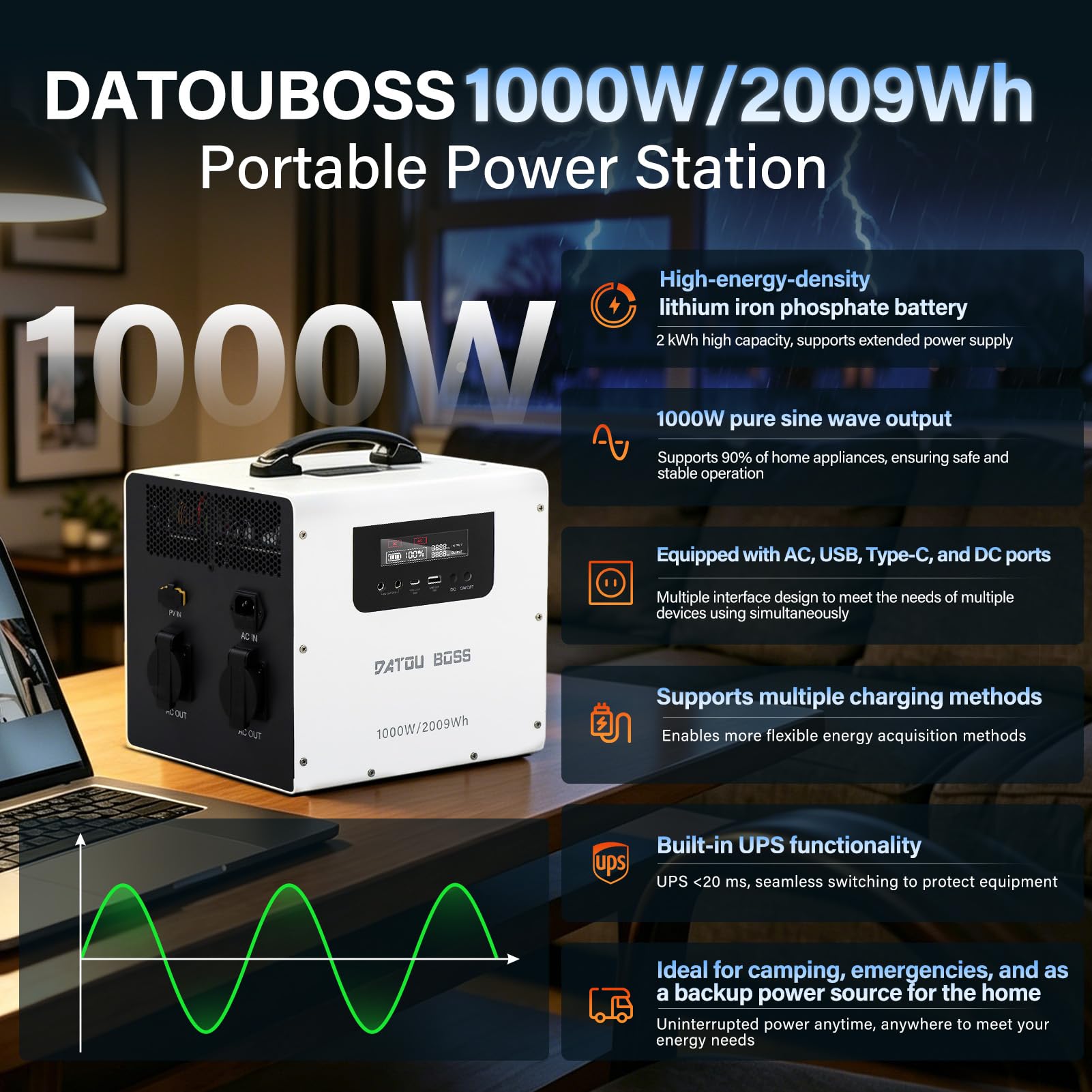 DATOUBOSS Générateur Électrique Portable, 1000 W/2009,6 Wh LiFePO4, générateur solaire 1000 W, stations d'alimentation portables, stockage d'énergie, voyages et camping en camping-car