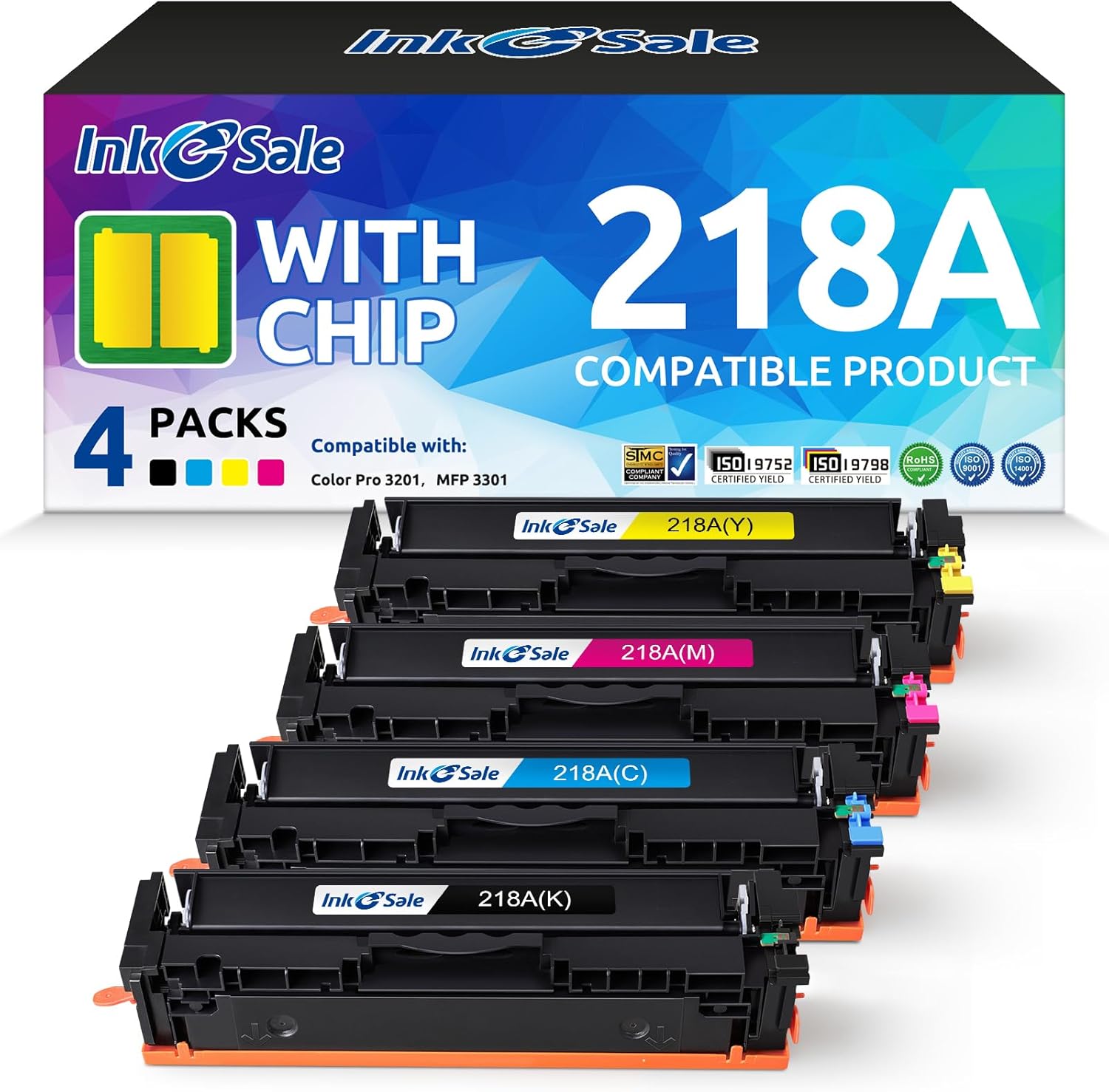 218A Toner Cartridge with Chip Compatible Replacement for HP 218A W2180A W2181A W2182A W2183A 218A Toner Works with Color Pro 3201 3201dw MFP 3301 3301cdw 3301fdw 3301sdw Series Printer 4 Pack