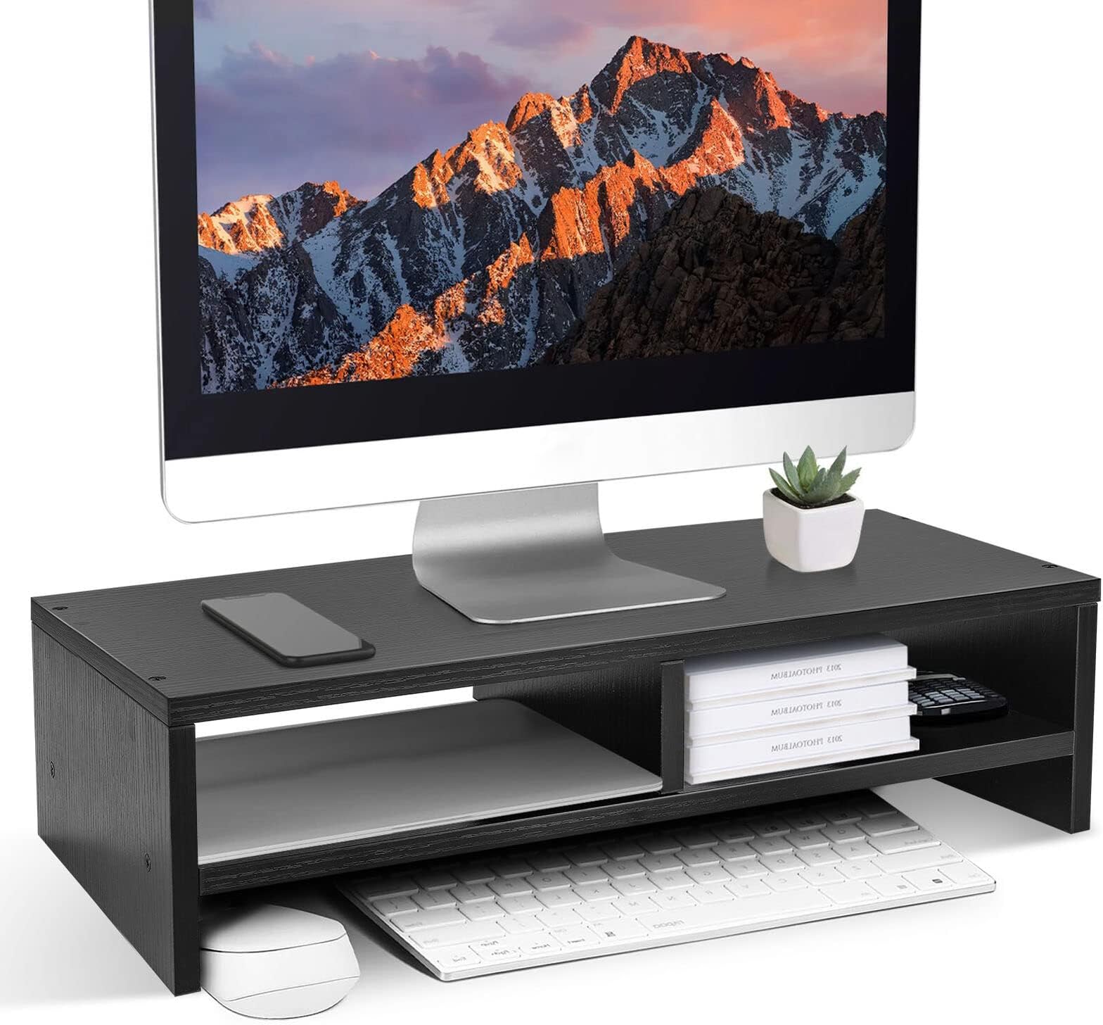 Youyijia Wood Monitor Desk Stand Riser,2 Tiers Computer Monitor Riser Black