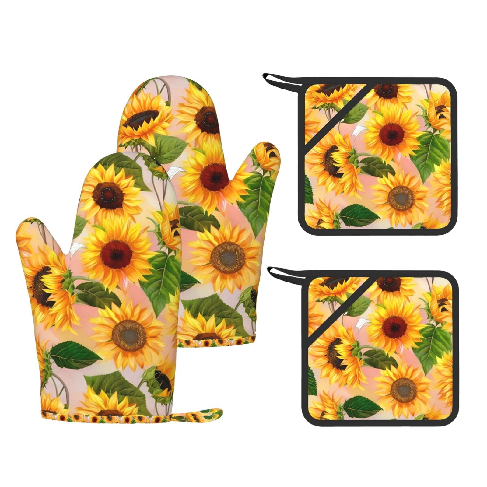 Sunflower Print Kitchen Heat Resistant Set,Cooking Kit With Hanging Loop For Baking & Bbq