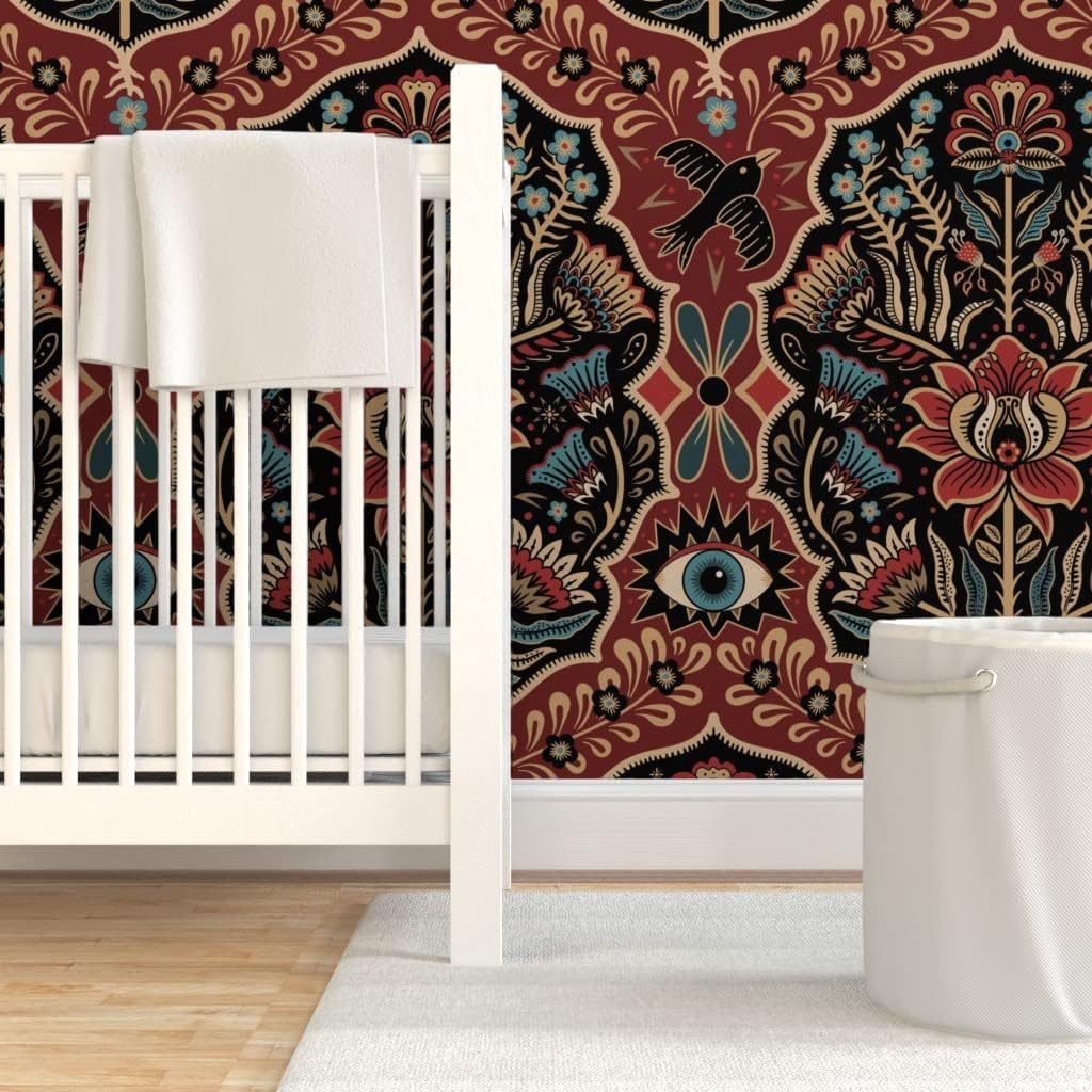 Spoonflower Peel & Stick Wallpaper 3ft x 2ft - Maximalist Folk Damask Mystical Eye Vintage Gold Red Blue Gothic Folklore Flowers Custom Removable Wallpaper