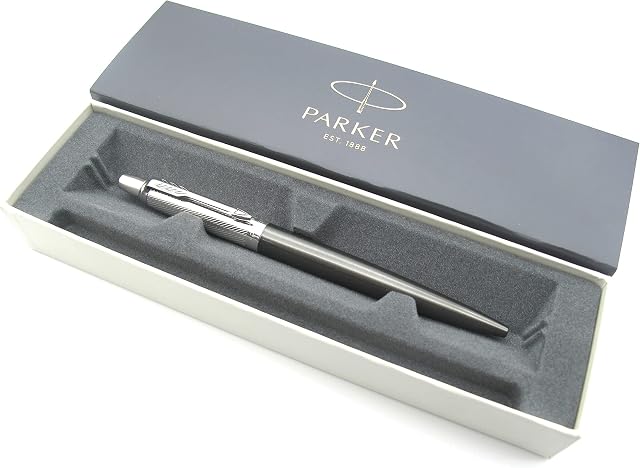 Parker Jotter Premium Stainless Steel Ballpoint Pen - Tower Grey with Engraved Diagonal Pattern - Black Gel Ink - Gift Boxed