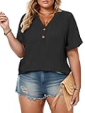 VISLILY Womens-Plus-Size-Summer-Tops Roll Short Sleeve V Neck T Shirts Trendy Eyelet Blouses Cute Buttons Up Tunics Tee