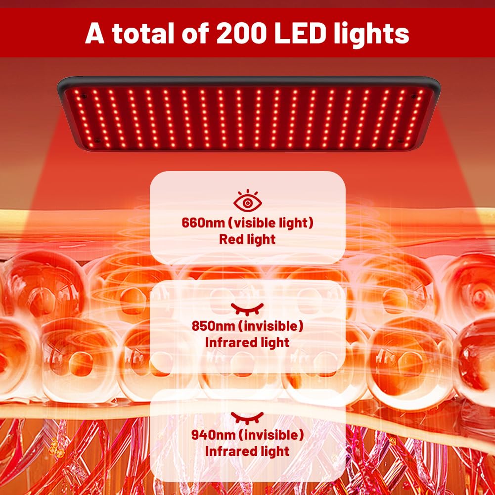 Lámpara de luz roja para cuerpo y cara, lámpara de infrarrojos con 200 LED y 5 niveles de brillo, longitud de onda tri (660 nm 850 nm 940 nm) con soporte ajustable y gafas de protección, alivia la