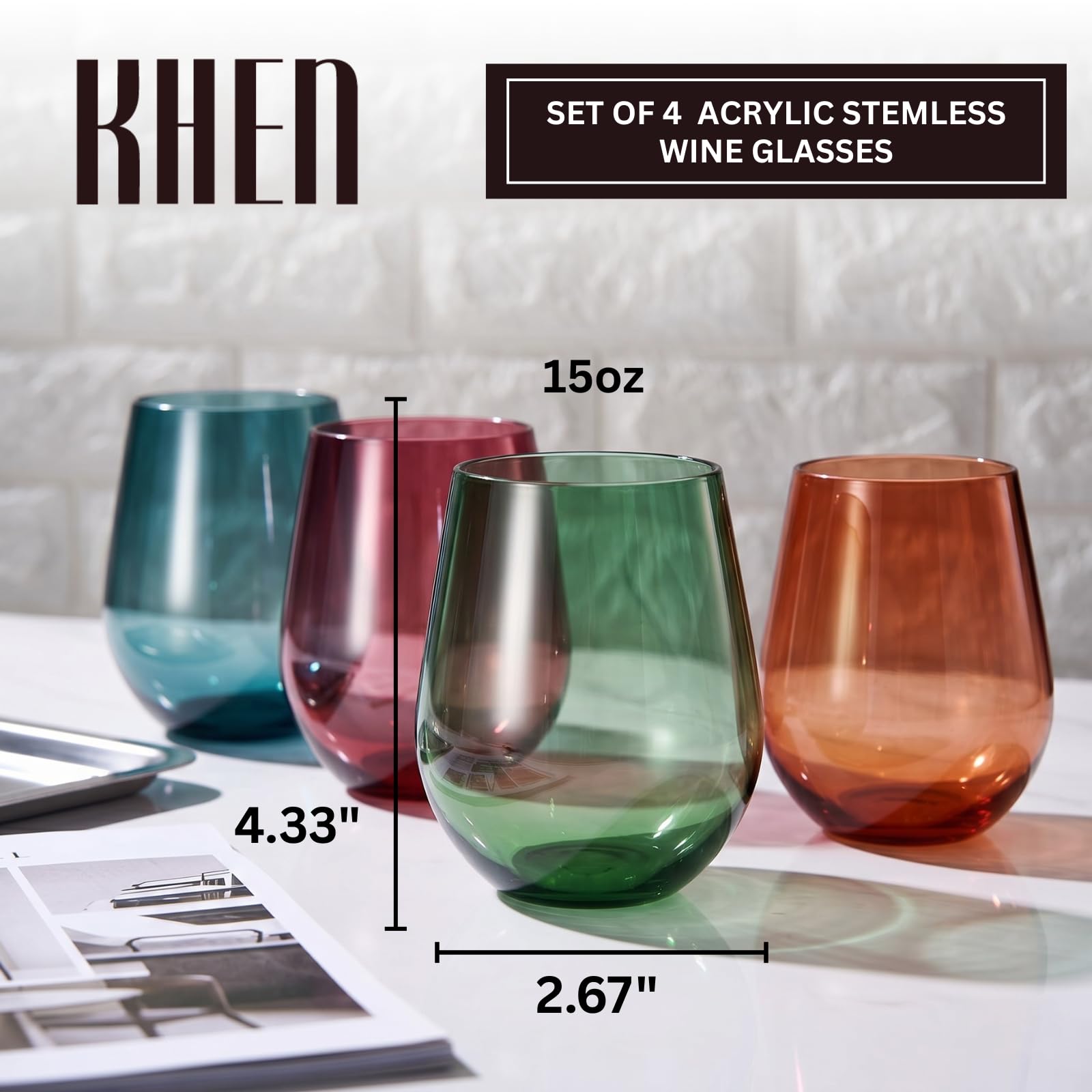 Tritan - Copas de vino de plástico sin BPA, inastillables, sin tallo, juego de 4, vasos de vidrio acrílico, colores irrompibles, reutilizables, aptas para lavavajillas, cristalería multiusos de 15
