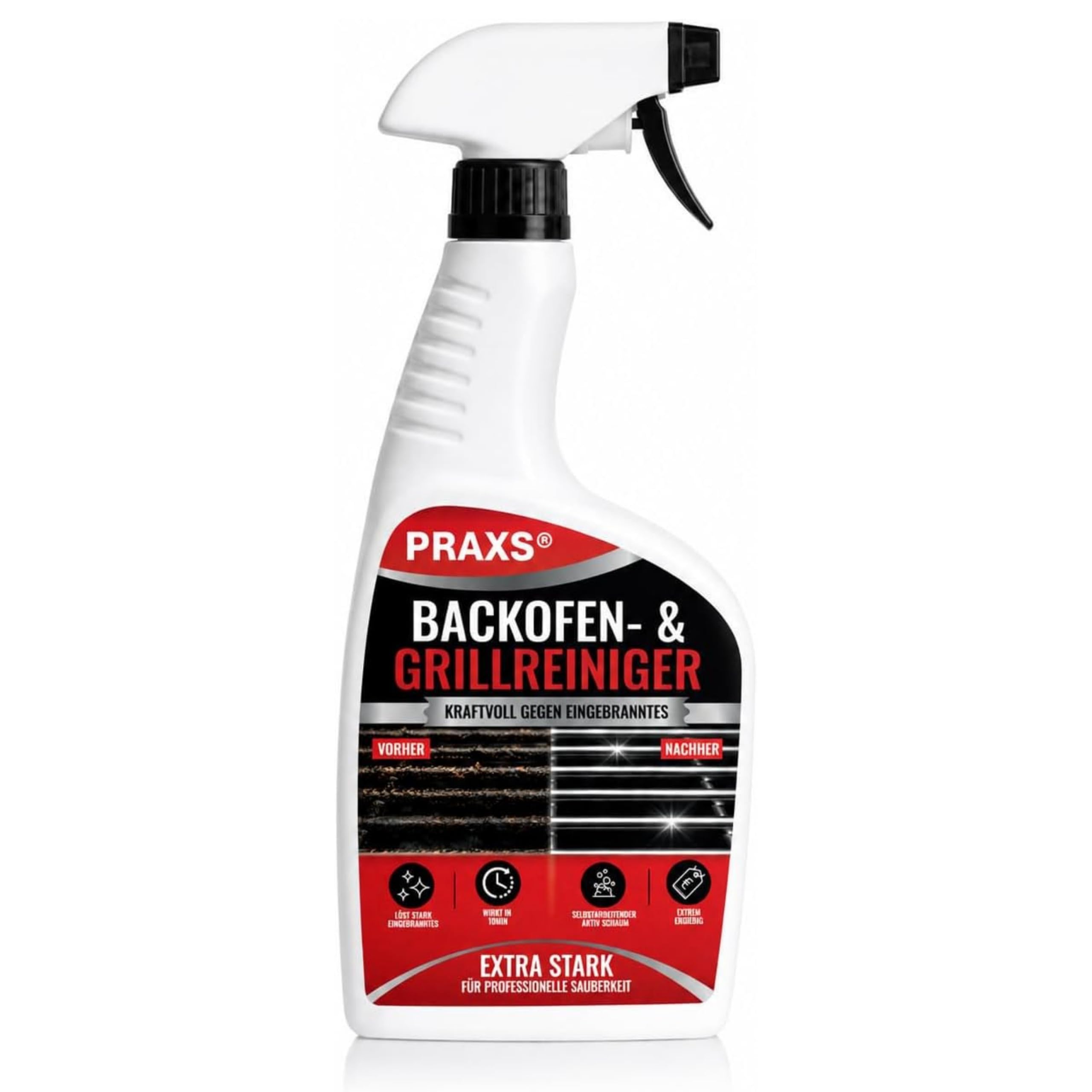 PRAXS® Backofenreiniger & Grillreiniger - 500ml Konzentrat - Wirkt in 10 min - Extrem kraftvolle Formel gegen hartnäckige Ablagerungen - Made in DE
