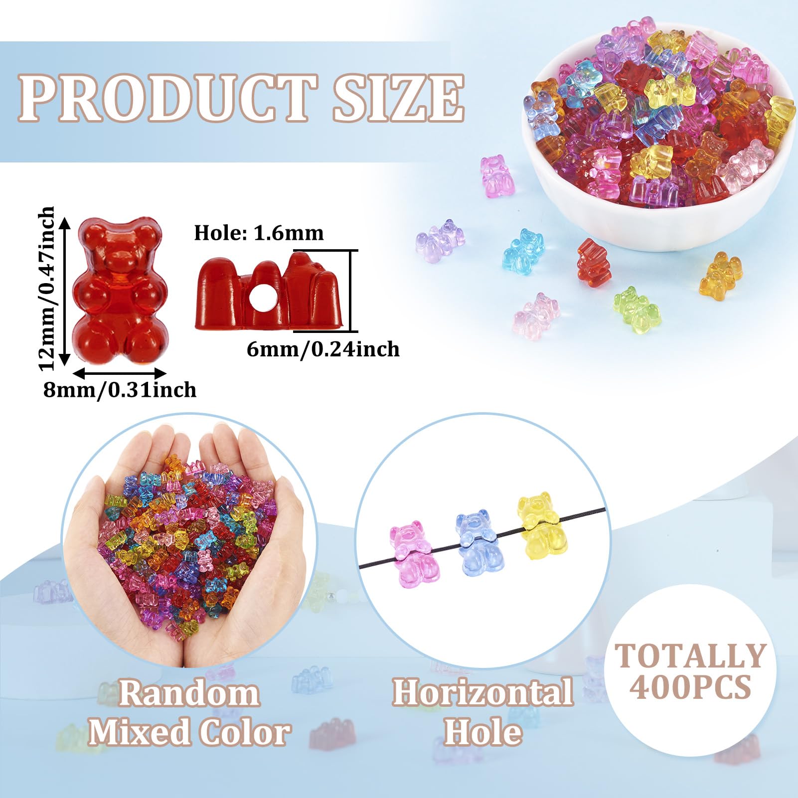 70-Piece Acrylic Gummy Bear Beads - 7 Colors, Cute Animal Charms For DIY Jewelry Making