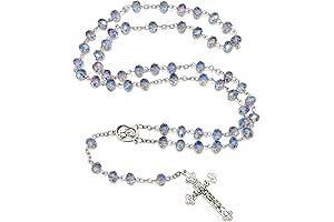 Communion Rosary Necklace with Crystal Beads, Miraculous Medal, Cross, and Crucifix