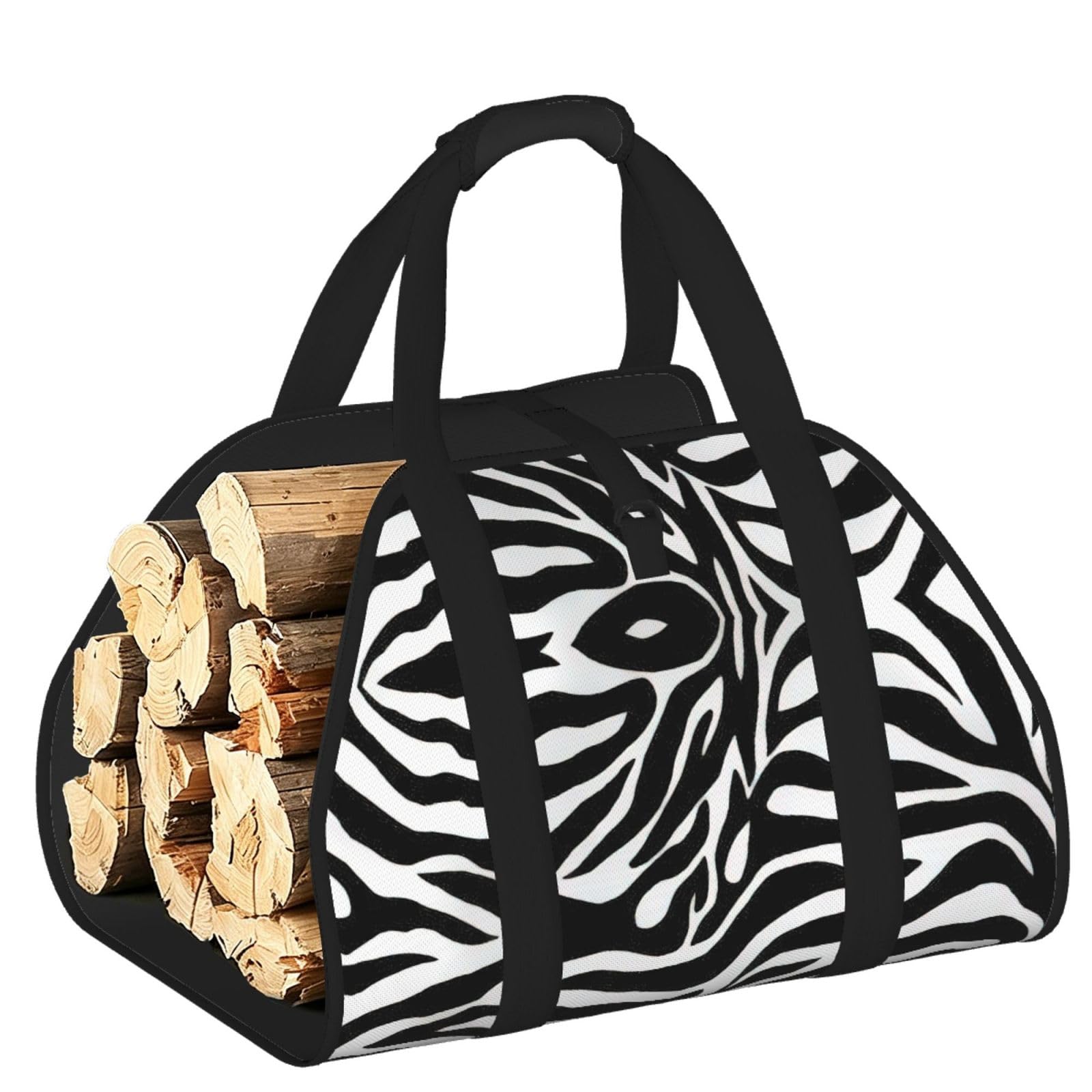 Zebra Print Printed Firewood Carrier Bag, Log Tote with Open-Ended Design for Camping Outdoor Wood Hauling