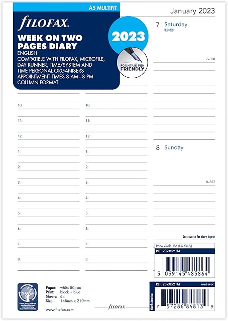 Filofax A5 Week on two pages English multi-fit 2023 diary, White