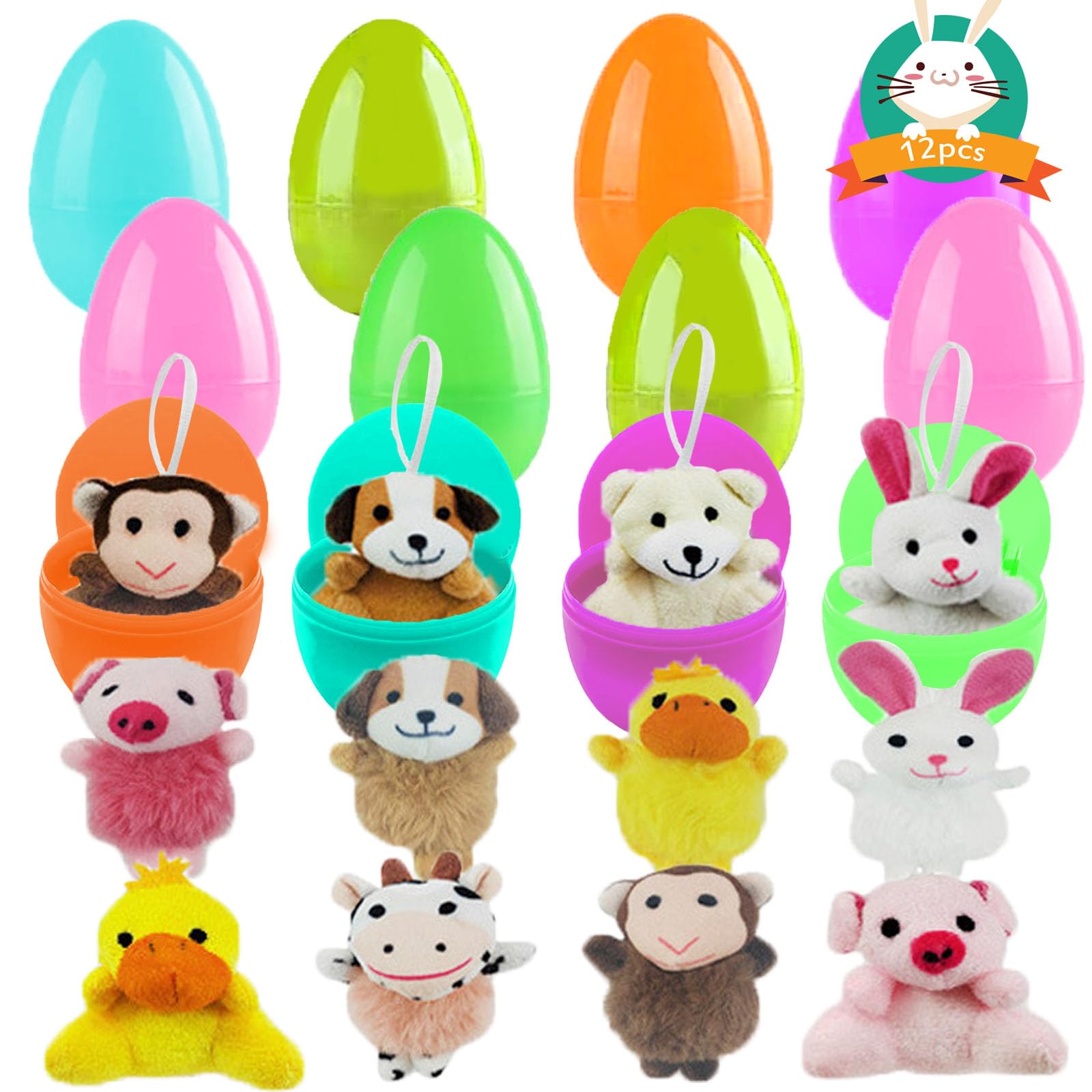 12 PCS Prefilled Easter Eggs Filled With Stuffed Plush Animals, Plastic Easter Eggs Fillers,Perfect for Easter Eggs Hunt