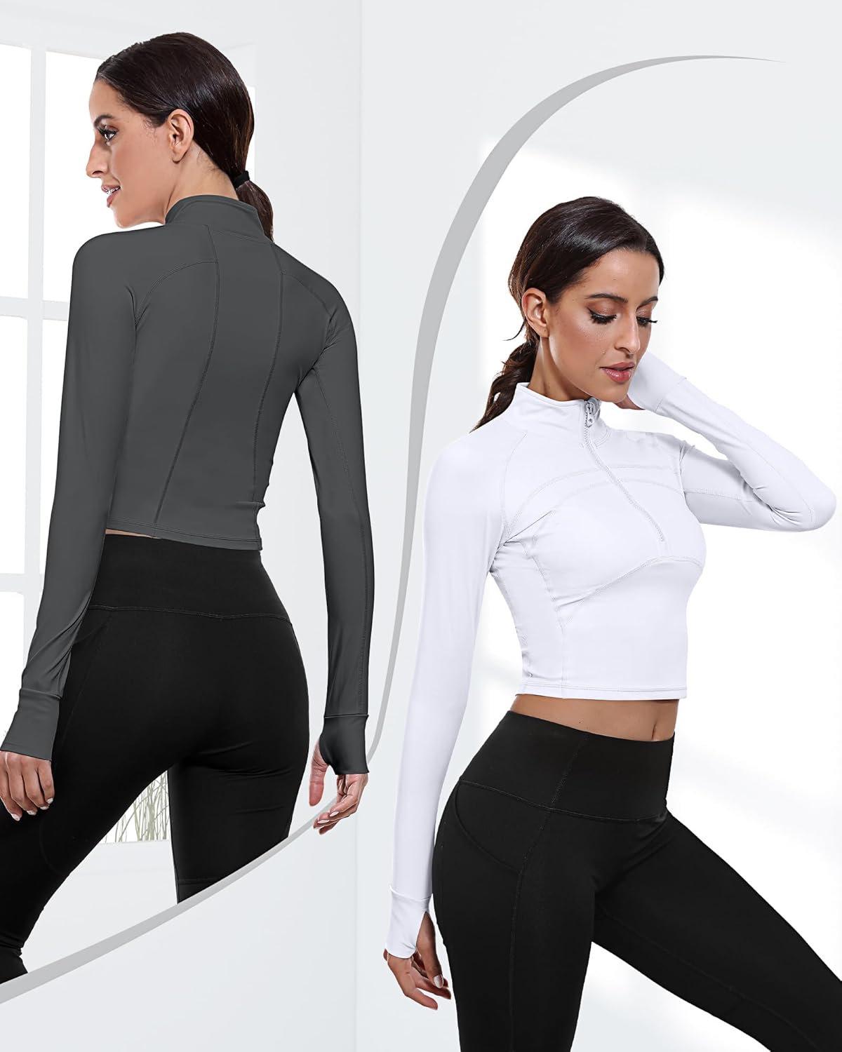 Neer 2 Pack Women's Workout Long Sleeve Jackets, 1/2 Zip Pullover Yoga Crop Tops Slim Fit Running Top with Thumb Holes - Image 3