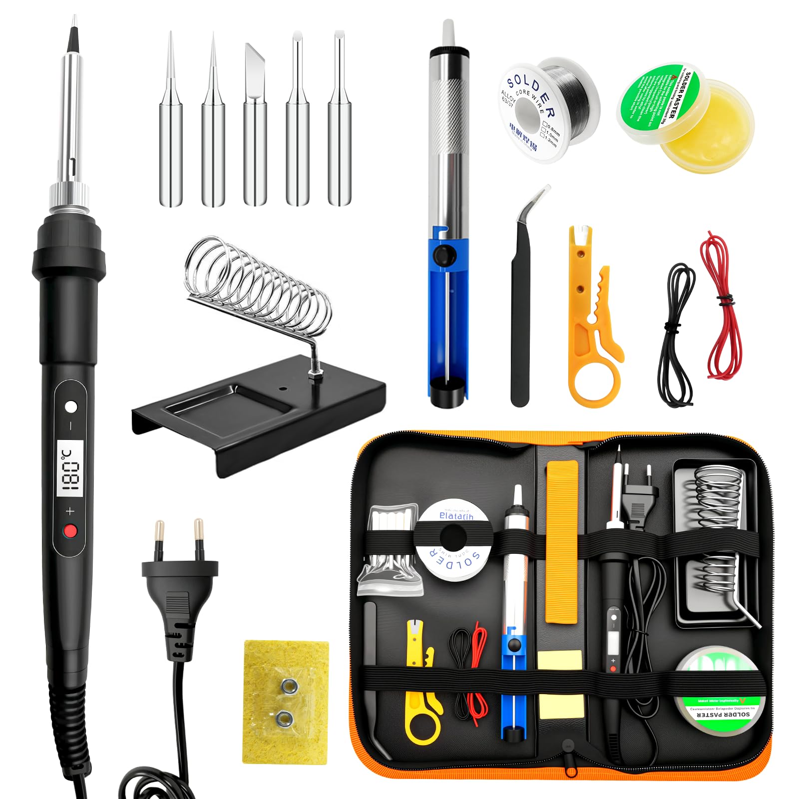 Fer à Souder 100W – Régulation de Température LCD de 180° à 520°C,Kit de Soudure 16-en-1 avec 50g d'Étain, 5 Pointes de Soudure,Pompe à Désouder,Support de Fer et Pince – pour Électroniques