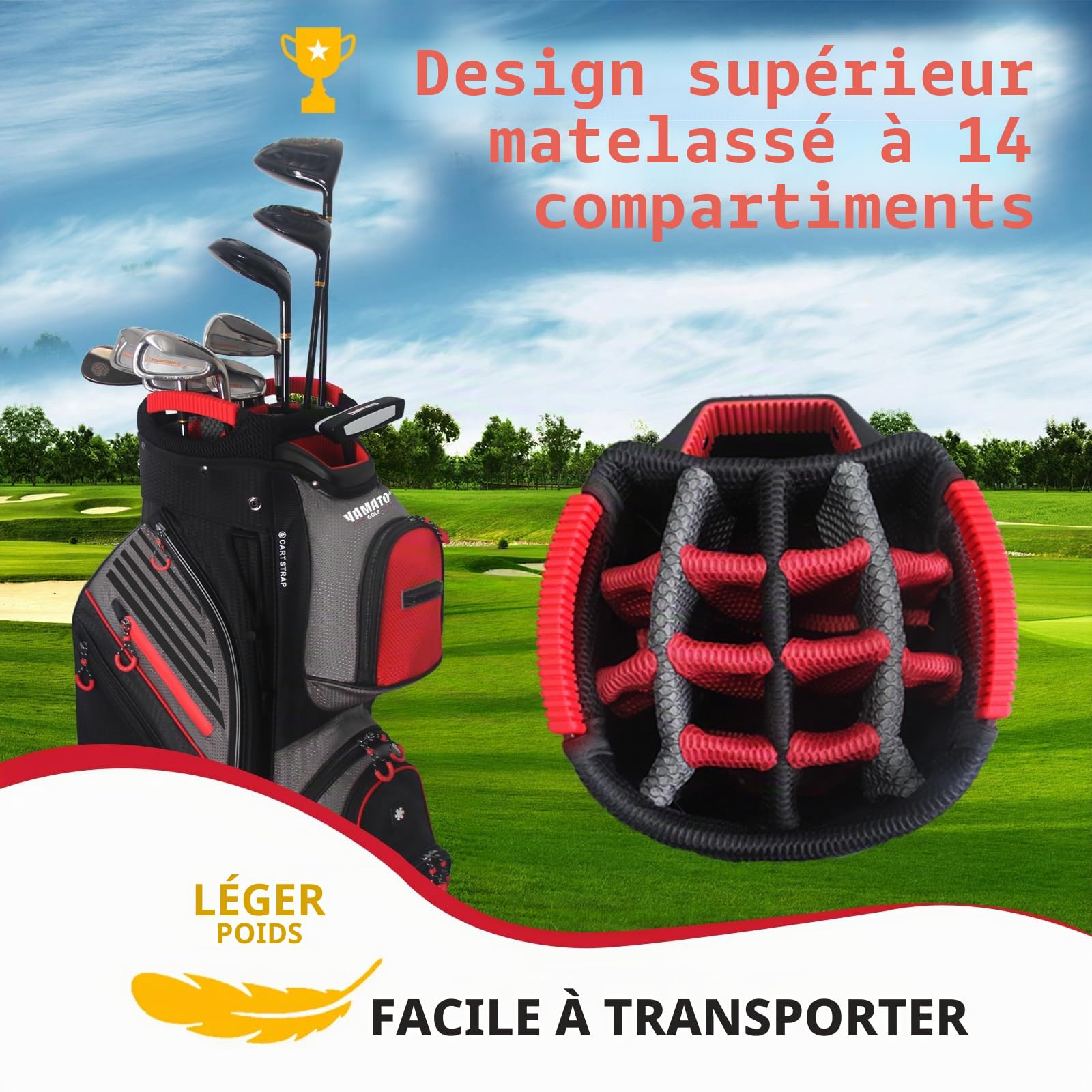 Yamato Sac de chariot de golf 14 compartiments avec poignées, poche isotherme et housse de pluie, design super léger, nouvelle version 1.0