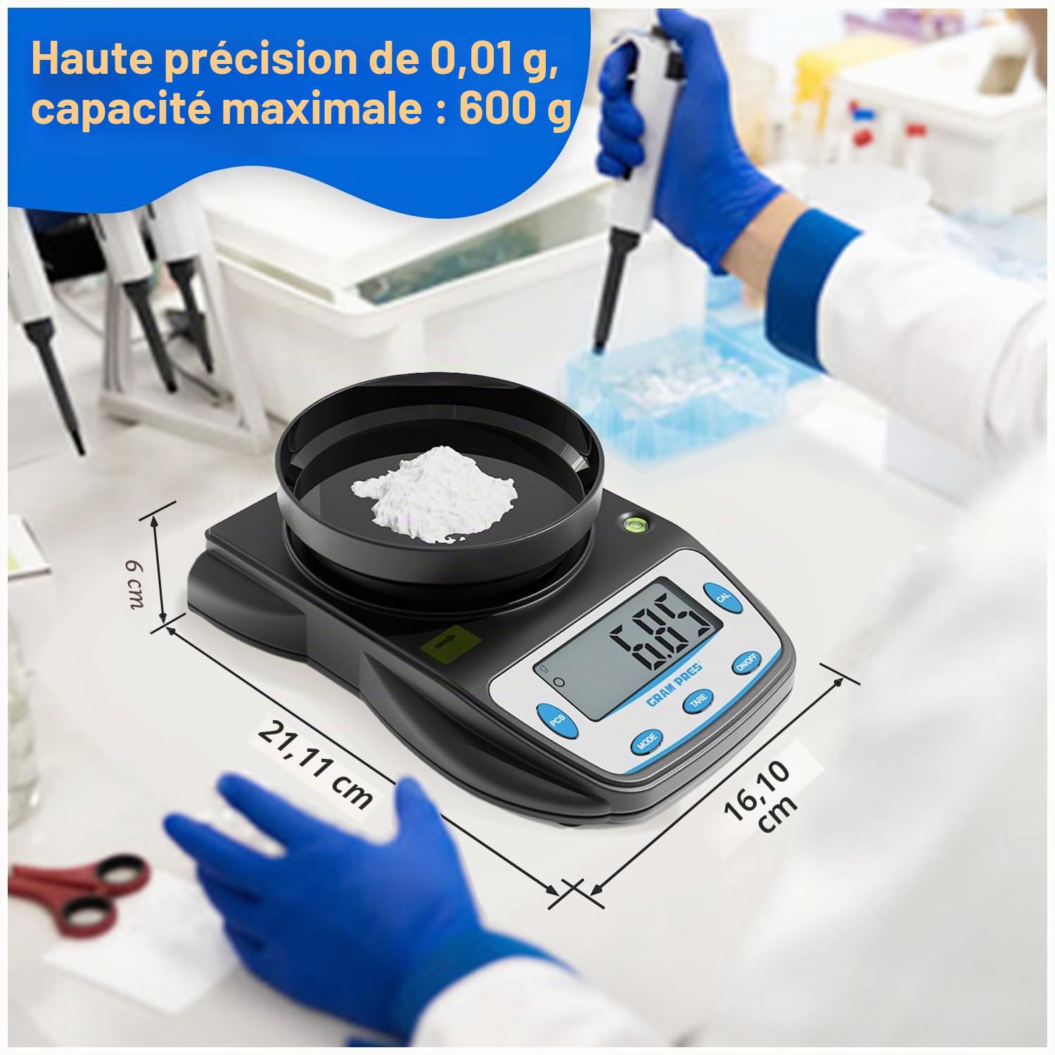 GRAM PRES Balance de laboratoire numérique - 600 g x 0,01 g | Précision électronique - Balance analytique scientifique - Pour bijoux, poudre, pièces de monnaie, etc.