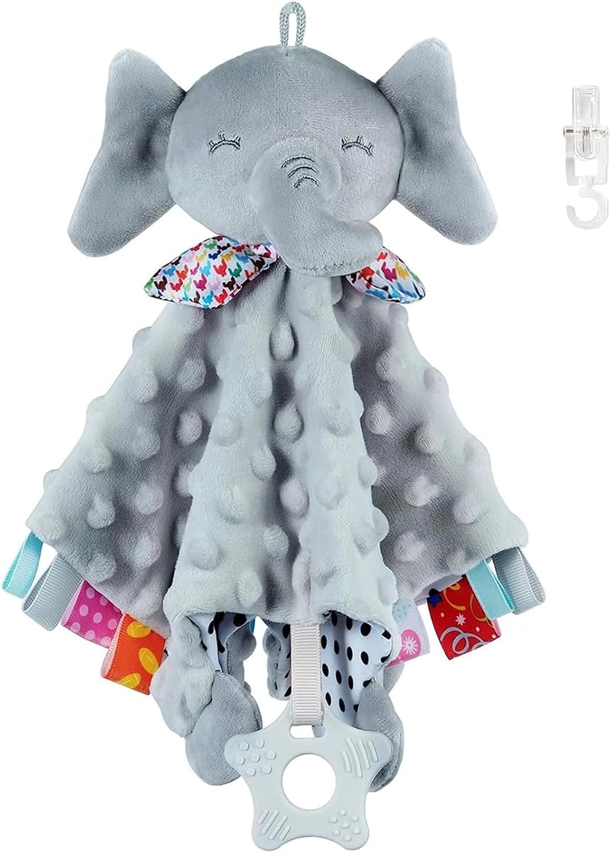 Elephant Security Blanket with Tags Teether Animal Taggie Soft Baby Blankets for Boys and Girls Baby Stuff for Newborn Toys Snuggle Baby Lovey Dotted Blanket Animal Soothing Crib Toy