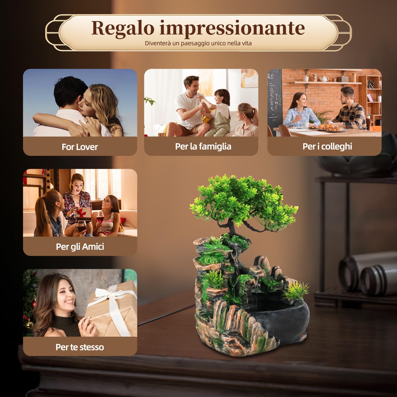 Fontana da interni a cascata con piante, fontana da tavolo per interni, piccola fontana con piante, per soggiorno, camera da letto, ufficio, caffetteria
