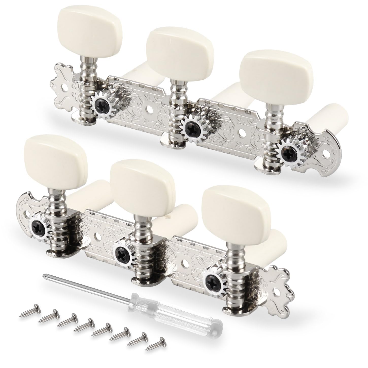 Mr.Power Guitar Tuning Pegs 6 String 3x3 Guitar Machine Heads Tuners Keys 3L3R White Knobs Guitar Parts Accessories for Classical Guitar Chrome (Oval Button)