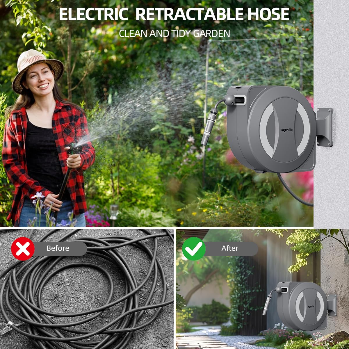 Automatischer Gartenschlauchaufroller Wandmontage Elektrisch | 30m+2m Schlauch, 180° Schwenkbar, Auto-Lock & Ein-Knopf-Aufrollung, 2500mAh Akku, Inkl. Halterung & Sprühdüse