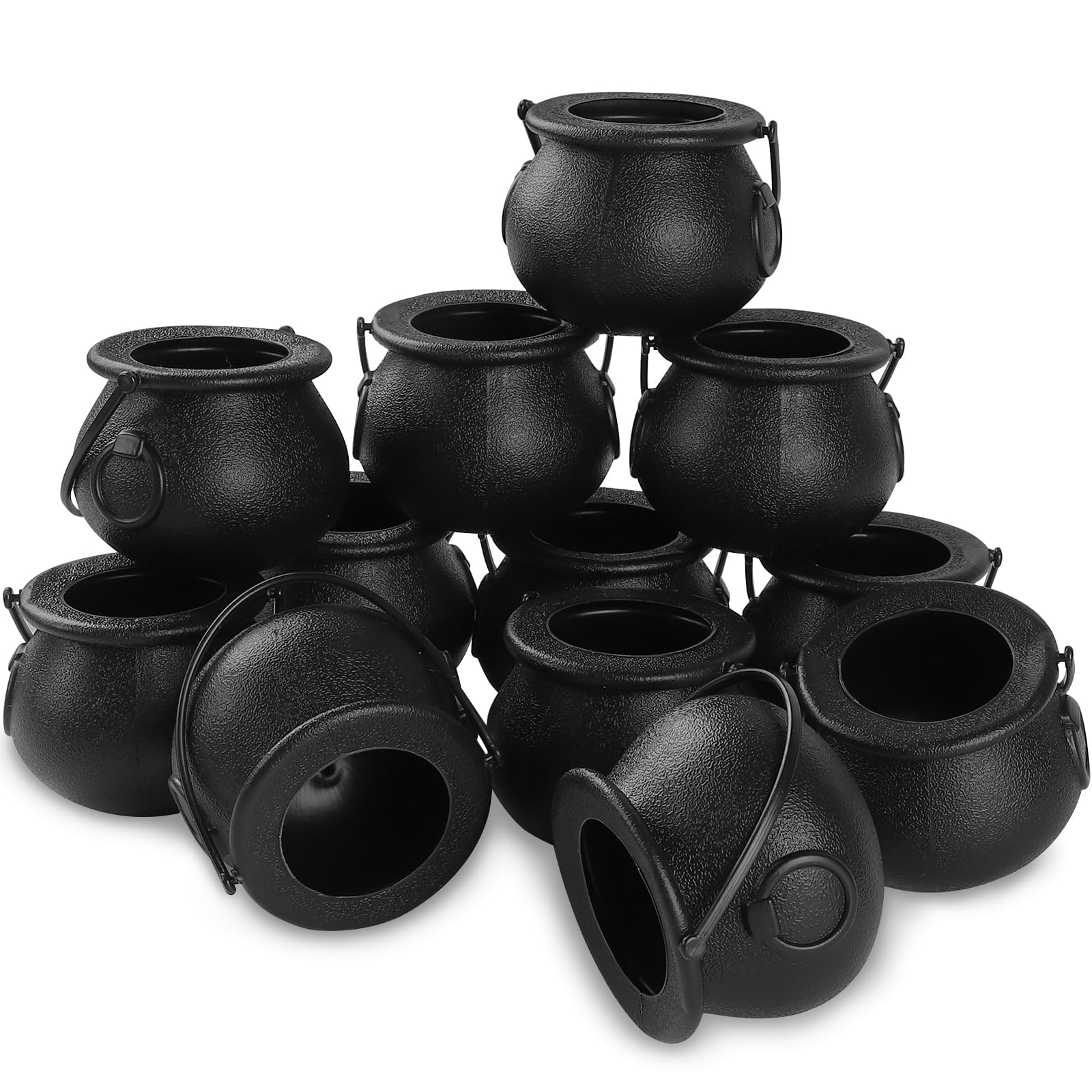 12pcs Halloween Mini Witch Cauldron, 5x7cm Halloween Black Plastic Cauldron Pot Candy Bucket Holder with Handle for Trick or Treat Halloween Party Decorations Supplies