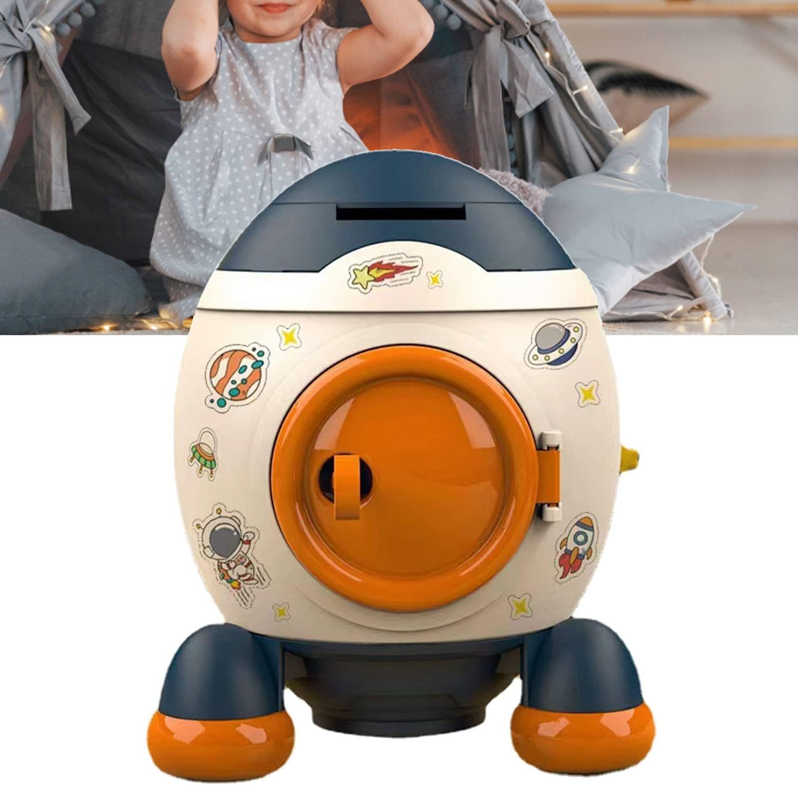 Salvadanaio a forma di razzo spaziale, stile cartone animato, salvadanaio per bambini, monete, salvadanaio per bambini, salvadanaio per bambini e ragazze (blu Morandi)