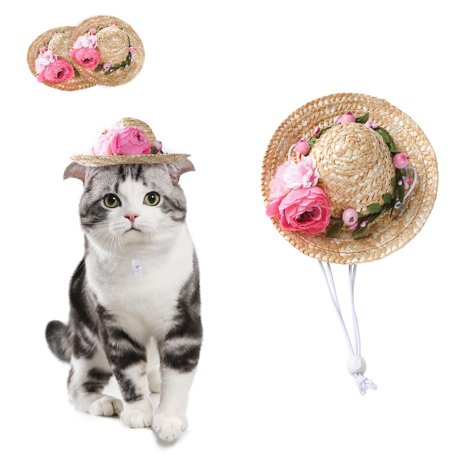 DELIFUR Dog Straw Sombrero Hat Pet Sun Cap with Flowers Birthday Party Hat for Small Puppy Cat (S, Pink Flower)