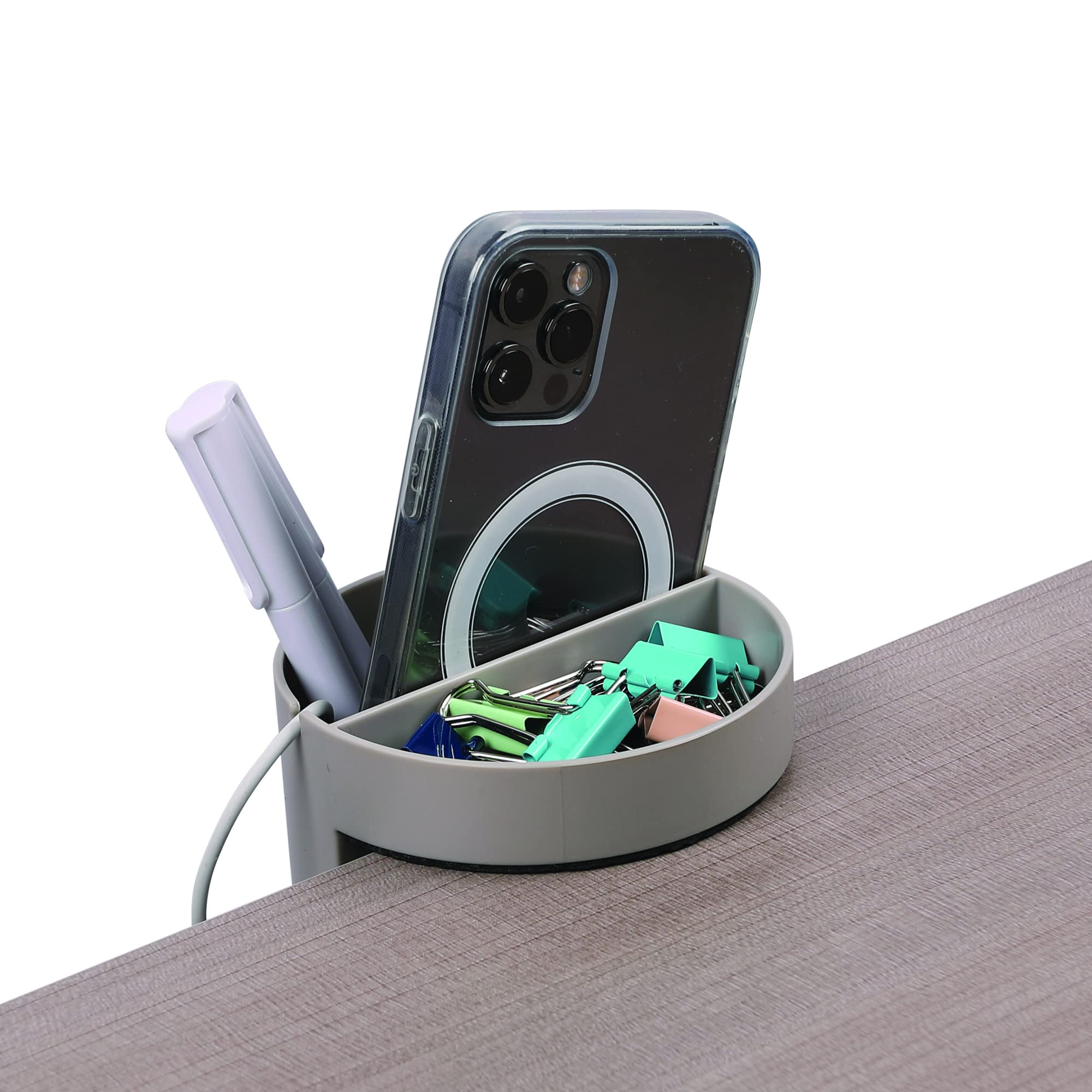 Deflecto Space Saving Small Desktop Storage Organiser, Stationery Pen Holder with Standing Desk Attachment, Desk Organiser, Dual Compartment Desk Tidy - Grey- Pack of 4
