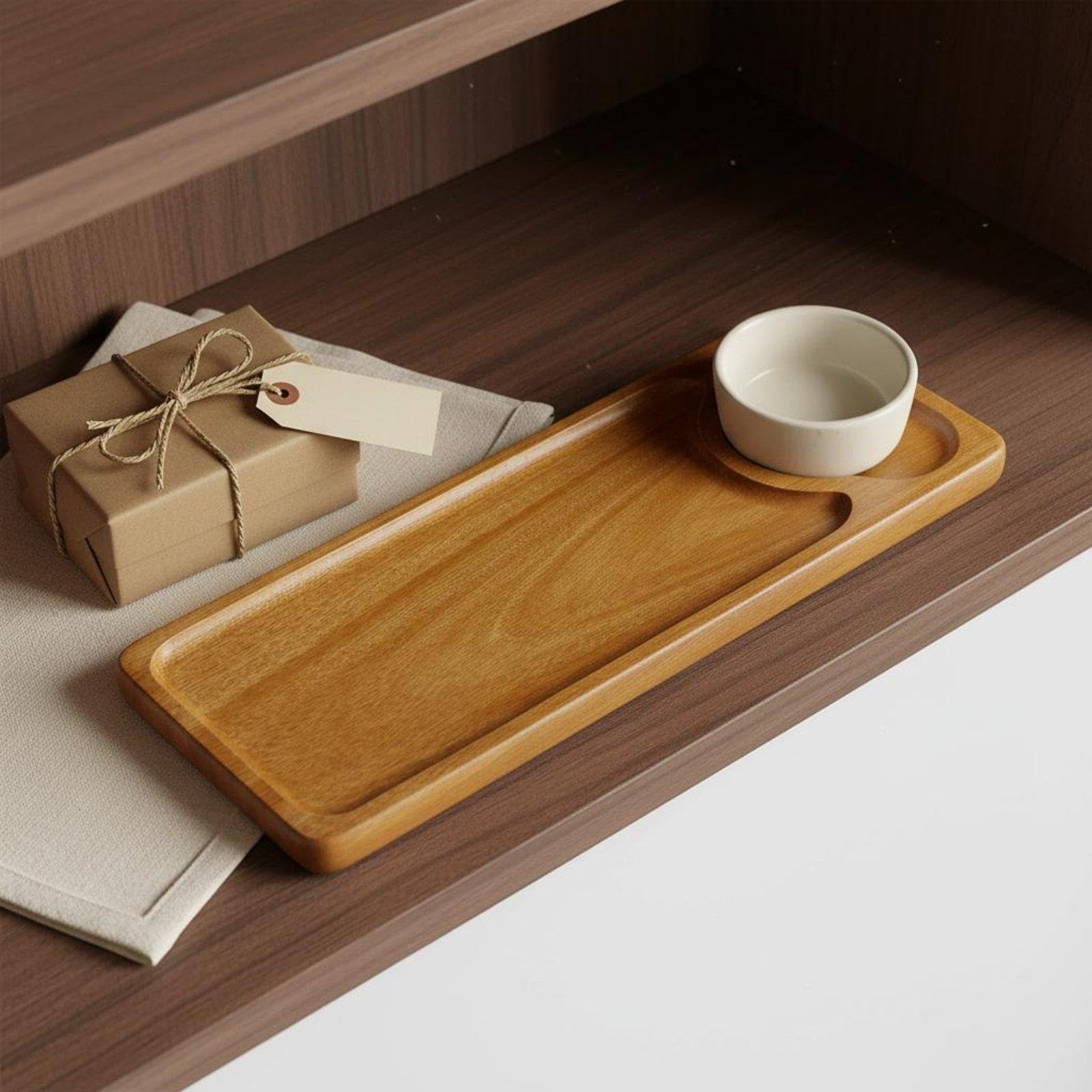 Bandeja Rectangular de Servicio en Madera de Acacia con Portavasos Fijo Y Acabado Suave para Múltiples Usos Adecuada para Hoteles Y Residencias, 3 Piezas
