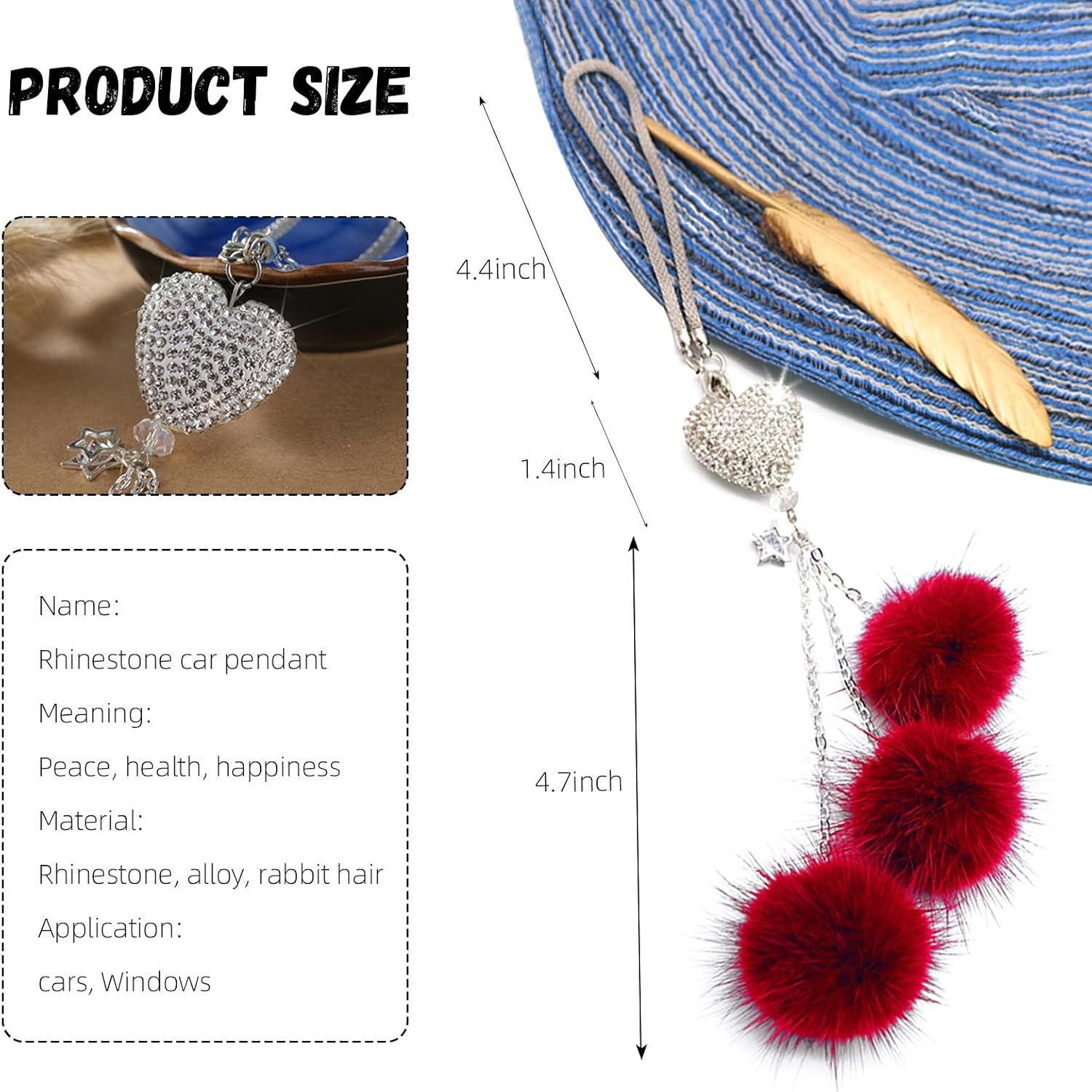 Bling Car Mirror Accessories for Women, Rhinestone Diamond Love Heart & Pink Plush Ball Decor Ornament Pendant, Car Rear View Mirror Hanging Charm Pendant, Lucky Hanging Accessories (Wine red) image 2