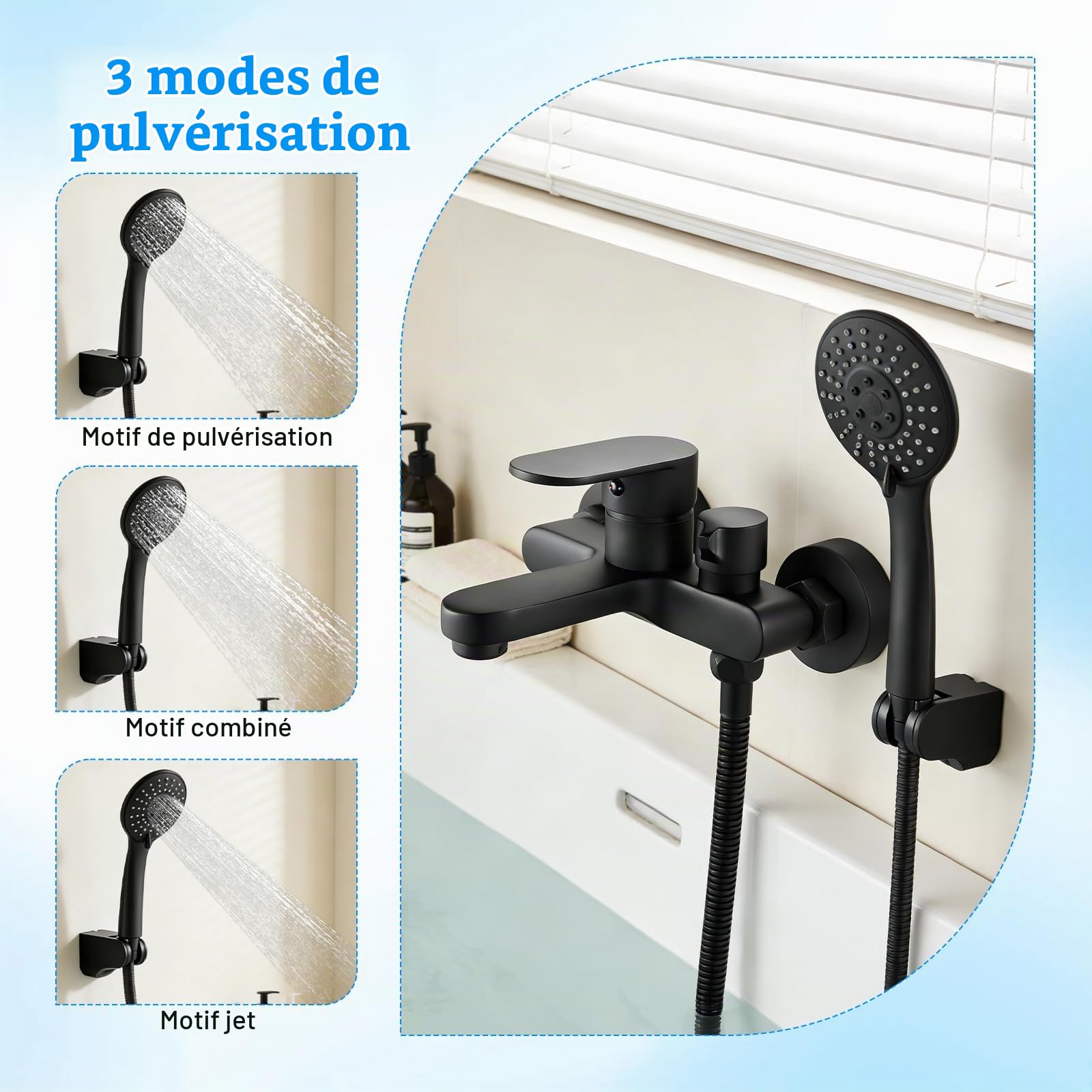 Robinet Baignoire avec Douchette, Mitigeur de Bain Noir, Mitigeur pour Salle de Bains en Laiton, Robinet Douche Mural avec Tuyau en PVC de 1,5 m