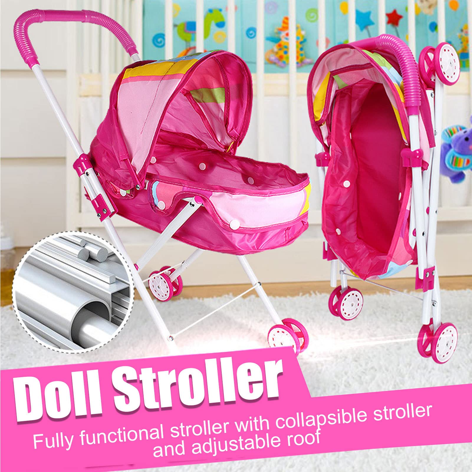 Poussette Pliable 2 En 1 Pour Poupée – Luxe Grande Capacité – Nacelle Amovible – Design Arc-en-Ciel – Cadeau Enfant