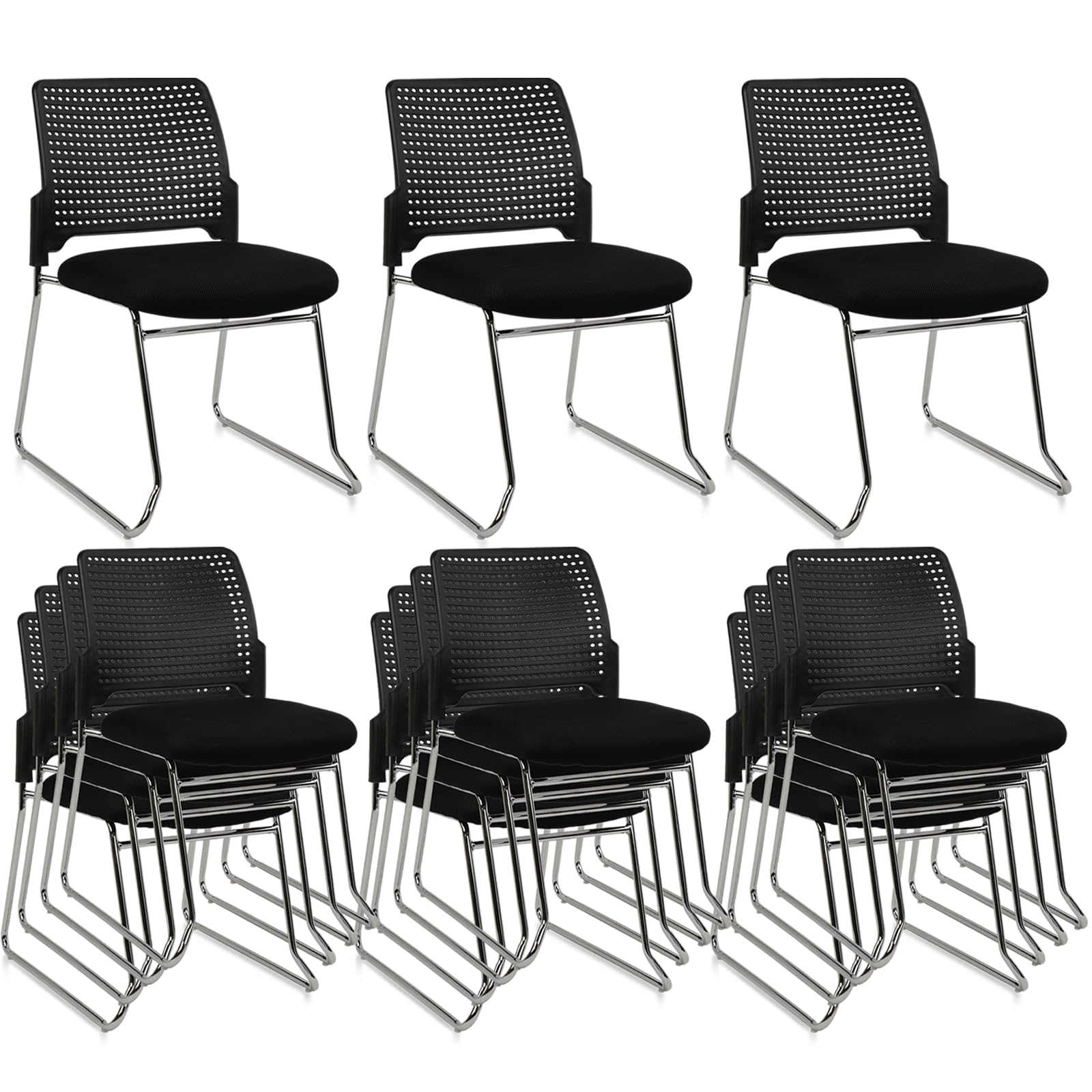 CLATINA Stacking Chair Set of 12, Office Waiting Reception Stackable Armless Chairs with Padded Seat Sled Base, Plastic Desk Chair No Wheels for Conference Lobby Break Room Guest Training, Black